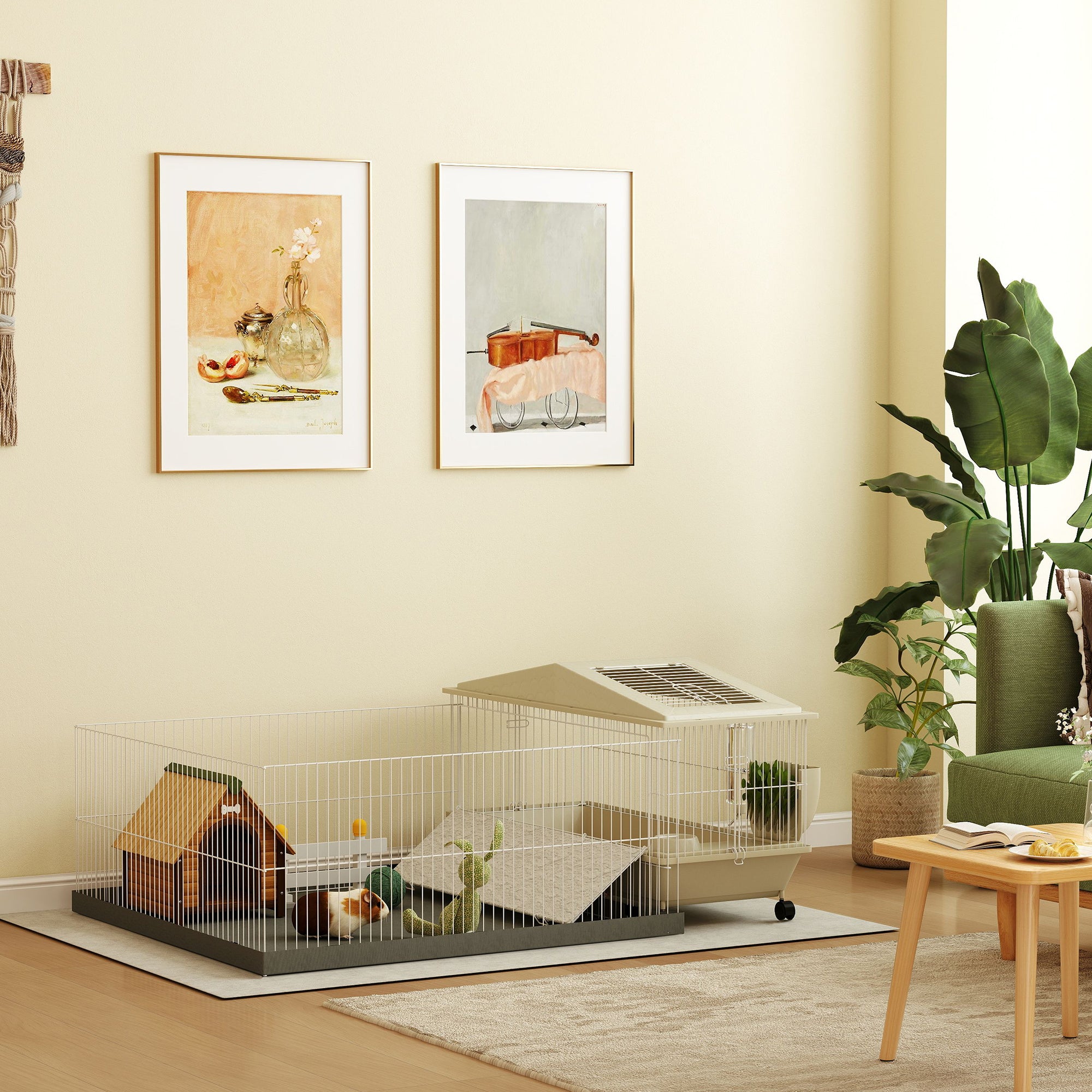 PawHut Small Animal Cage with Removable Pet Playpen, Guinea Pig Cage with Waterproof Pad, Hay Feeder, Water Bottle, Food Dish, Hideaway, Balcony, Soft-Covered Ramp, Wheels, for Guinea Pig, Hedgehog