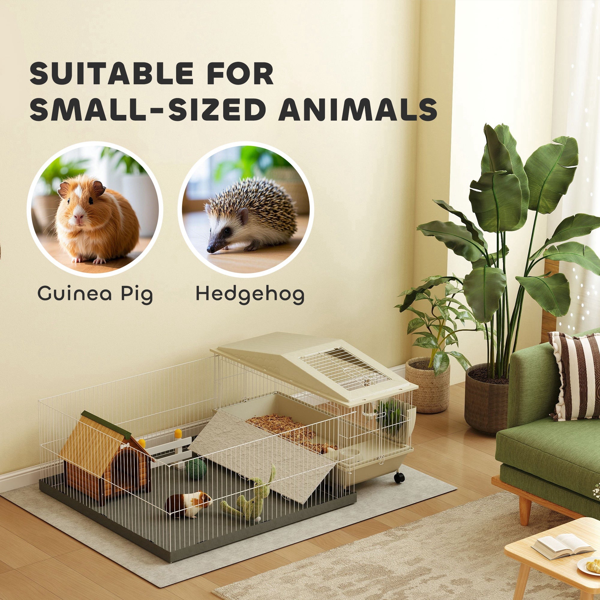PawHut Small Animal Cage with Removable Pet Playpen, Guinea Pig Cage with Waterproof Pad, Hay Feeder, Water Bottle, Food Dish, Hideaway, Balcony, Soft-Covered Ramp, Wheels, for Guinea Pig, Hedgehog