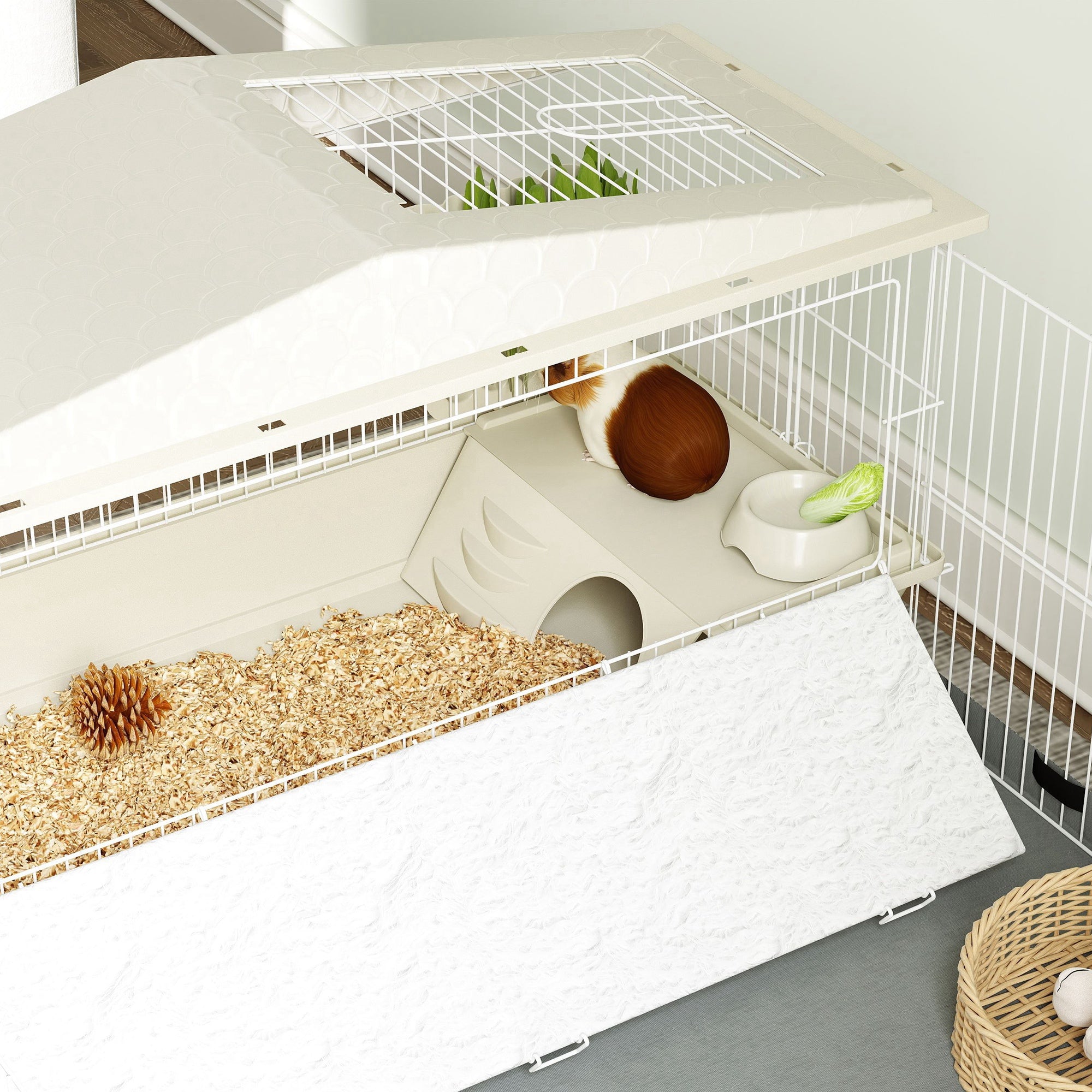 PawHut Small Animal Cage with Removable Pet Playpen, Guinea Pig Cage with Waterproof Pad, Hay Feeder, Water Bottle, Food Dish, Hideaway, Balcony, Soft-Covered Ramp, Wheels, for Guinea Pig, Hedgehog