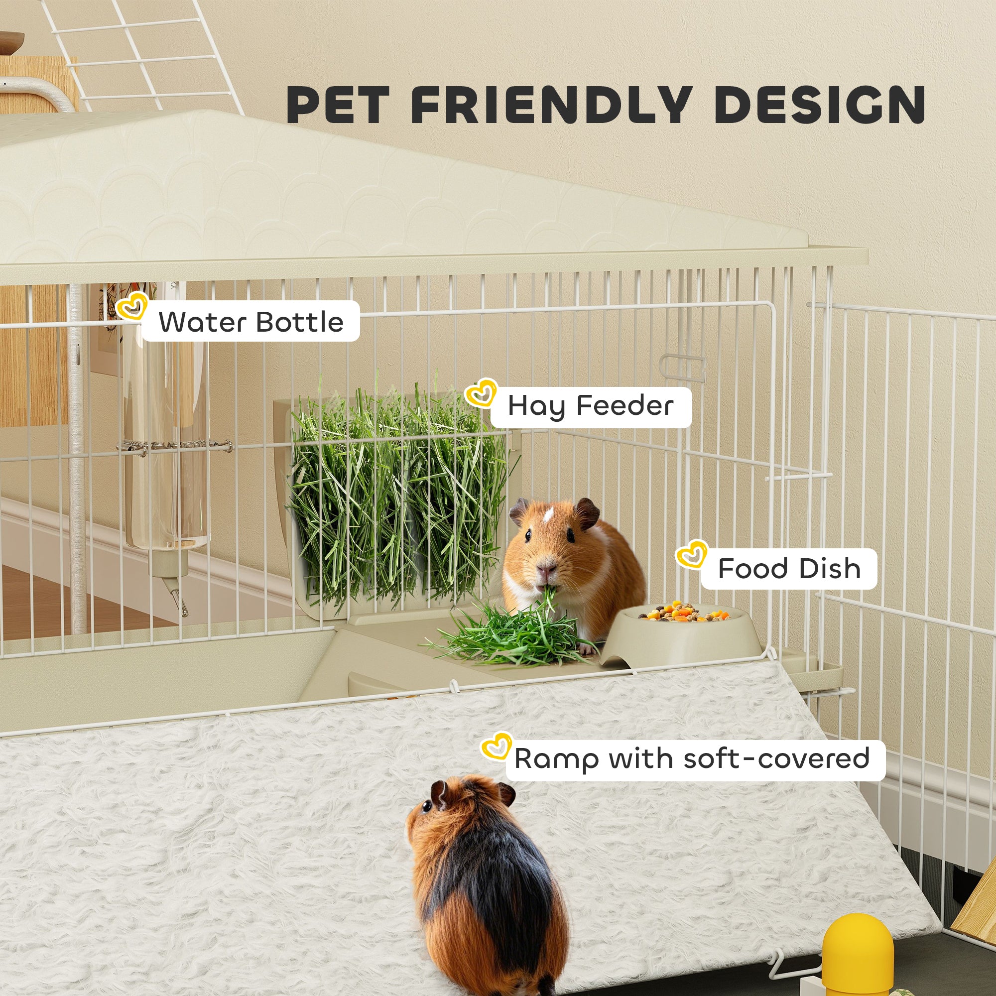 PawHut Small Animal Cage with Removable Pet Playpen, Guinea Pig Cage with Waterproof Pad, Hay Feeder, Water Bottle, Food Dish, Hideaway, Balcony, Soft-Covered Ramp, Wheels, for Guinea Pig, Hedgehog