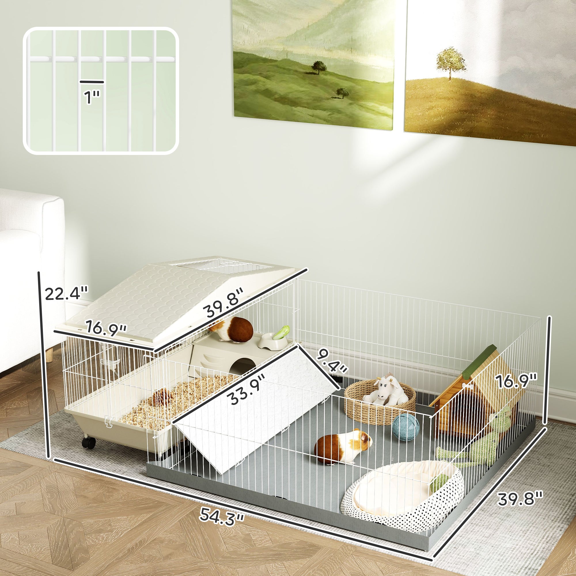 PawHut Small Animal Cage with Removable Pet Playpen, Guinea Pig Cage with Waterproof Pad, Hay Feeder, Water Bottle, Food Dish, Hideaway, Balcony, Soft-Covered Ramp, Wheels, for Guinea Pig, Hedgehog