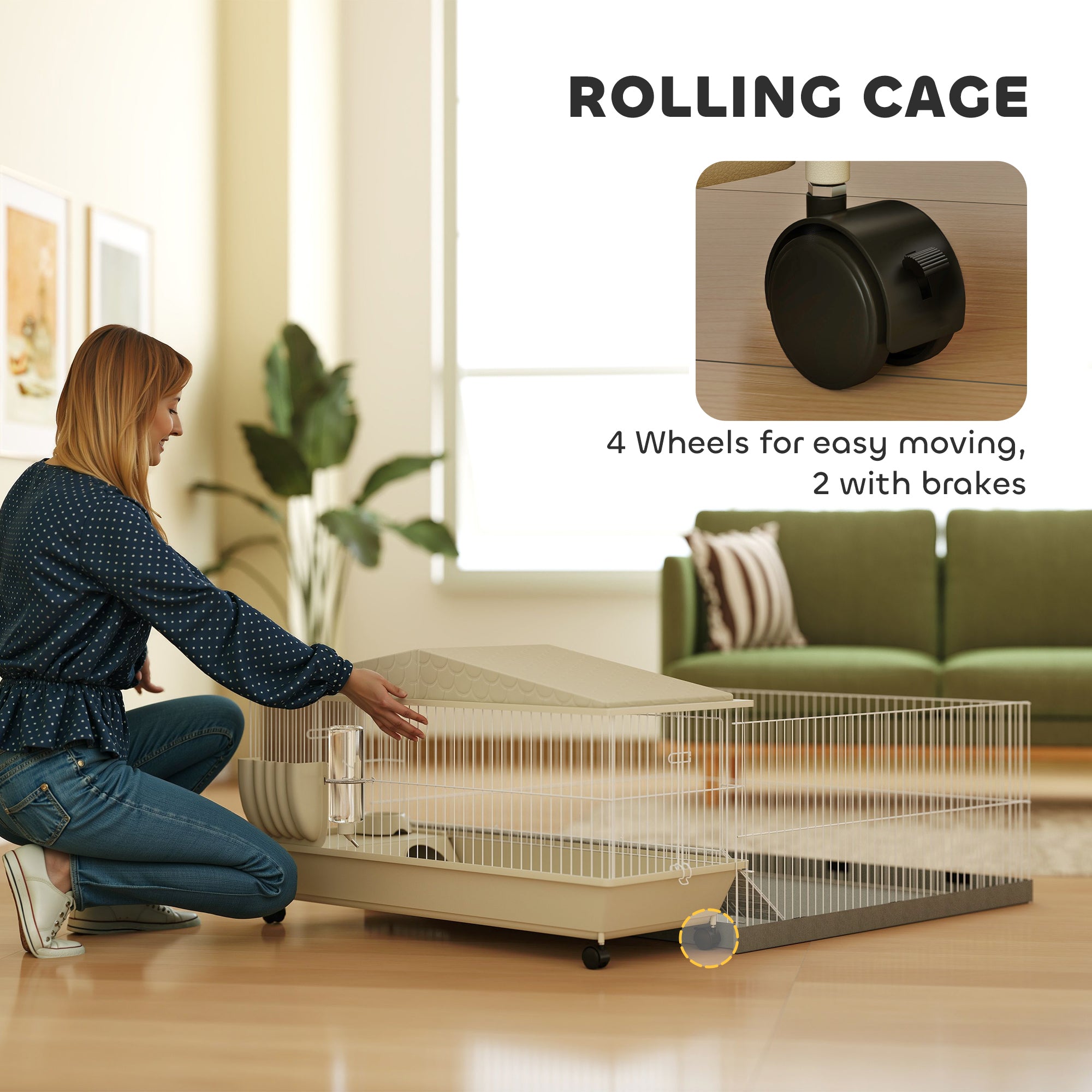 PawHut Small Animal Cage with Removable Pet Playpen, Guinea Pig Cage with Waterproof Pad, Hay Feeder, Water Bottle, Food Dish, Hideaway, Balcony, Soft-Covered Ramp, Wheels, for Guinea Pig, Hedgehog