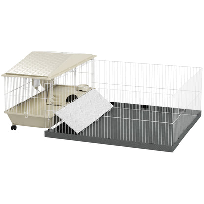 PawHut Small Animal Cage with Removable Pet Playpen, Guinea Pig Cage with Waterproof Pad, Hay Feeder, Water Bottle, Food Dish, Hideaway, Balcony, Soft-Covered Ramp, Wheels, for Guinea Pig, Hedgehog