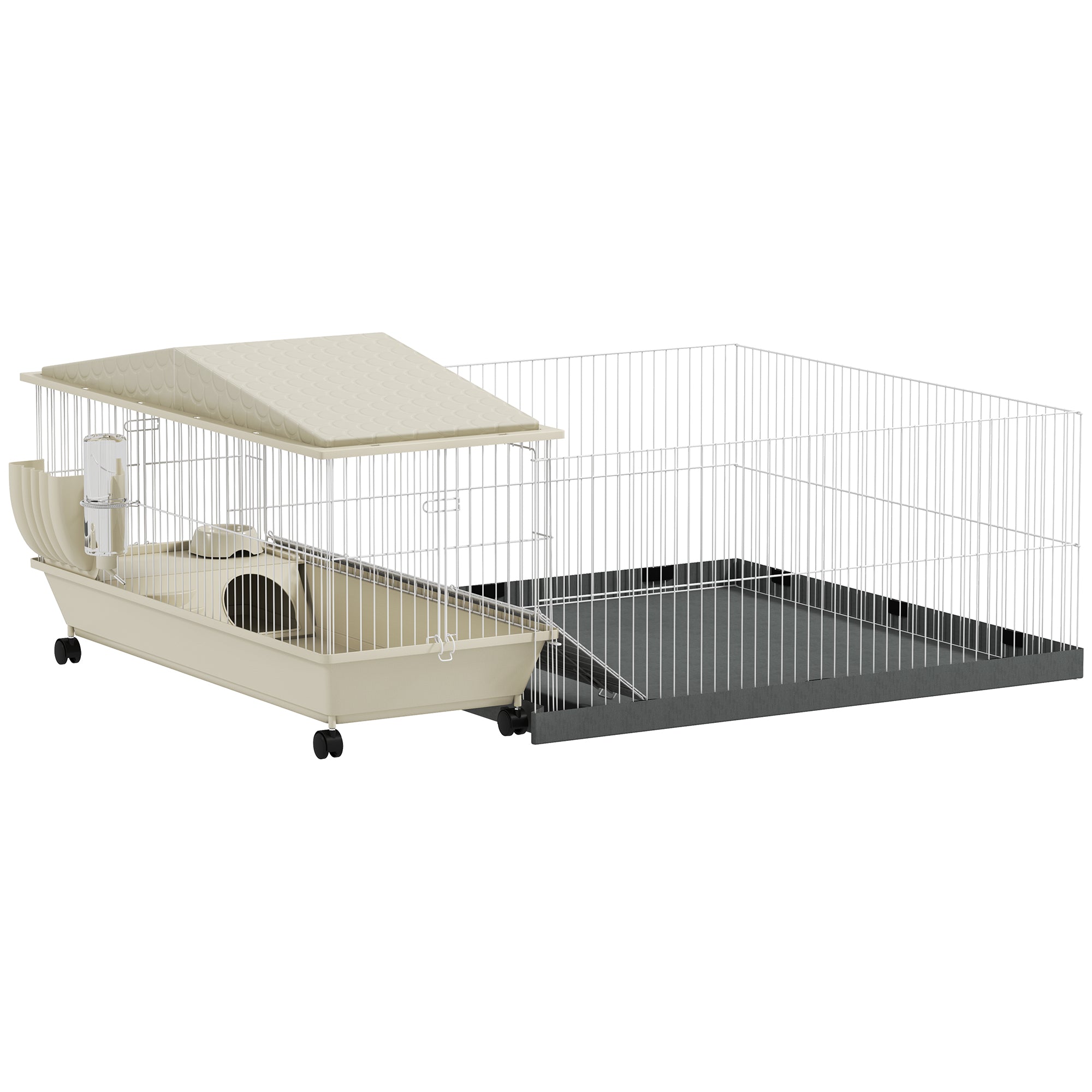 PawHut Small Animal Cage with Removable Pet Playpen, Guinea Pig Cage with Waterproof Pad, Hay Feeder, Water Bottle, Food Dish, Hideaway, Balcony, Soft-Covered Ramp, Wheels, for Guinea Pig, Hedgehog