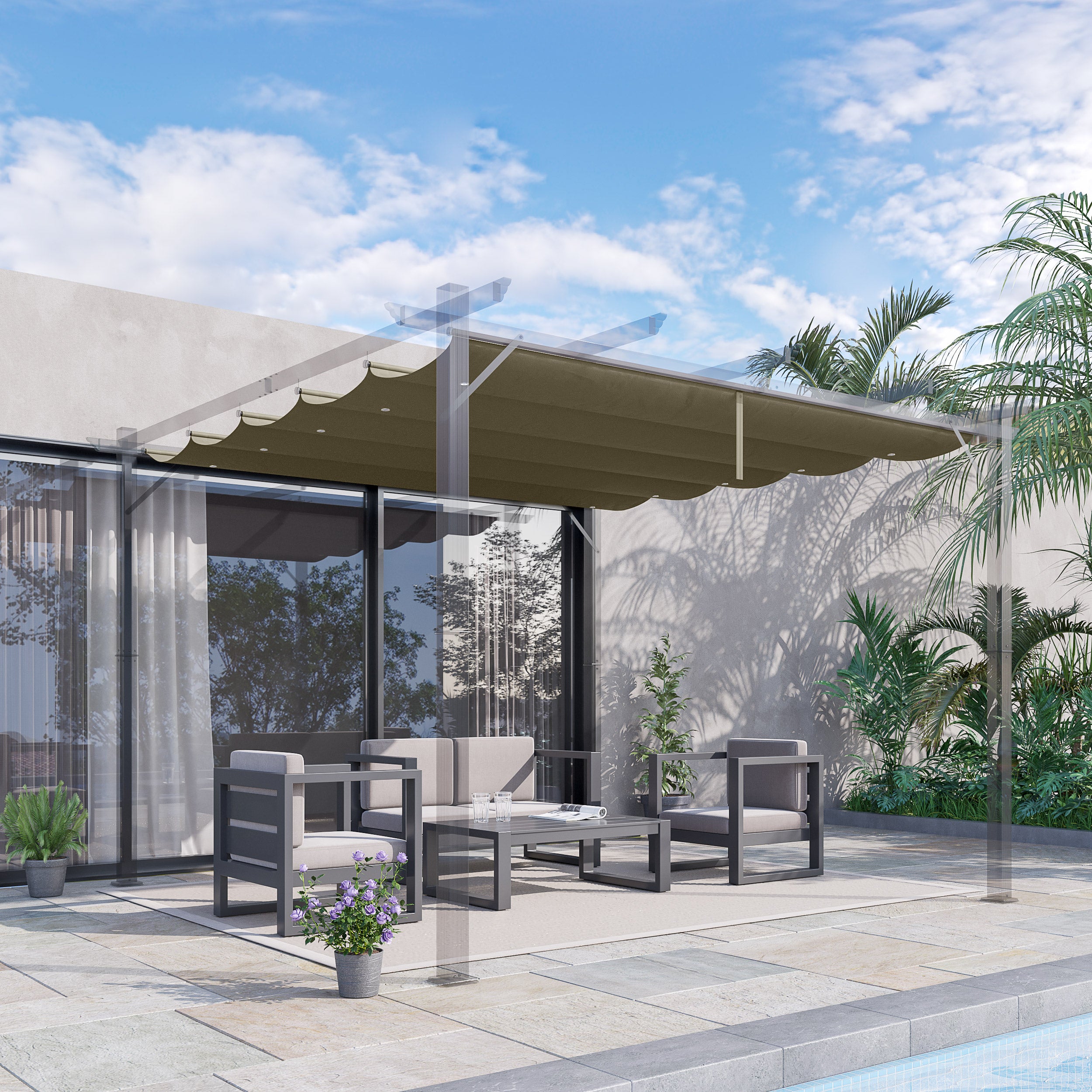 Outsunny Retractable Replacement Pergola Canopy for 10' x 10' Pergola, Pergola Cover Replacement, Tan