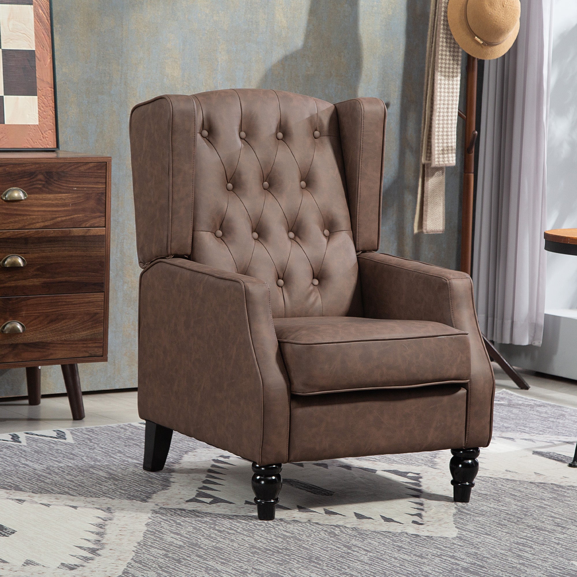 HOMCOM Faux Leather Accent Chair, Upholstered Wingback Armchair, Modern Button Tufted Living Room Chair with Thick Padding, Brown