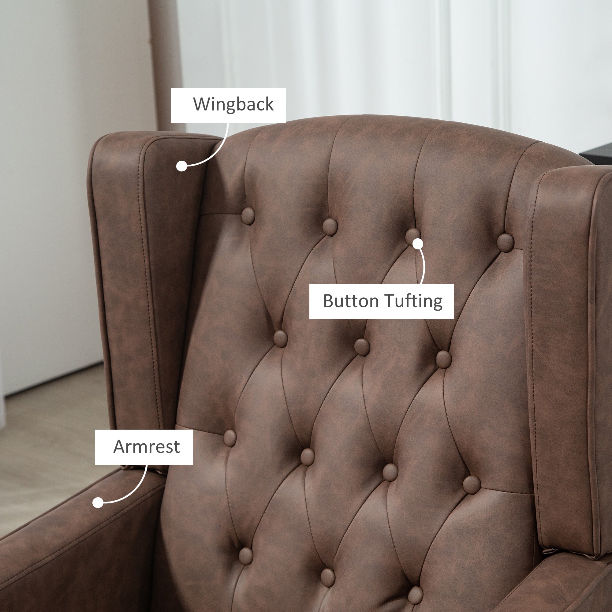 HOMCOM Faux Leather Accent Chair, Upholstered Wingback Armchair, Modern Button Tufted Living Room Chair with Thick Padding, Brown