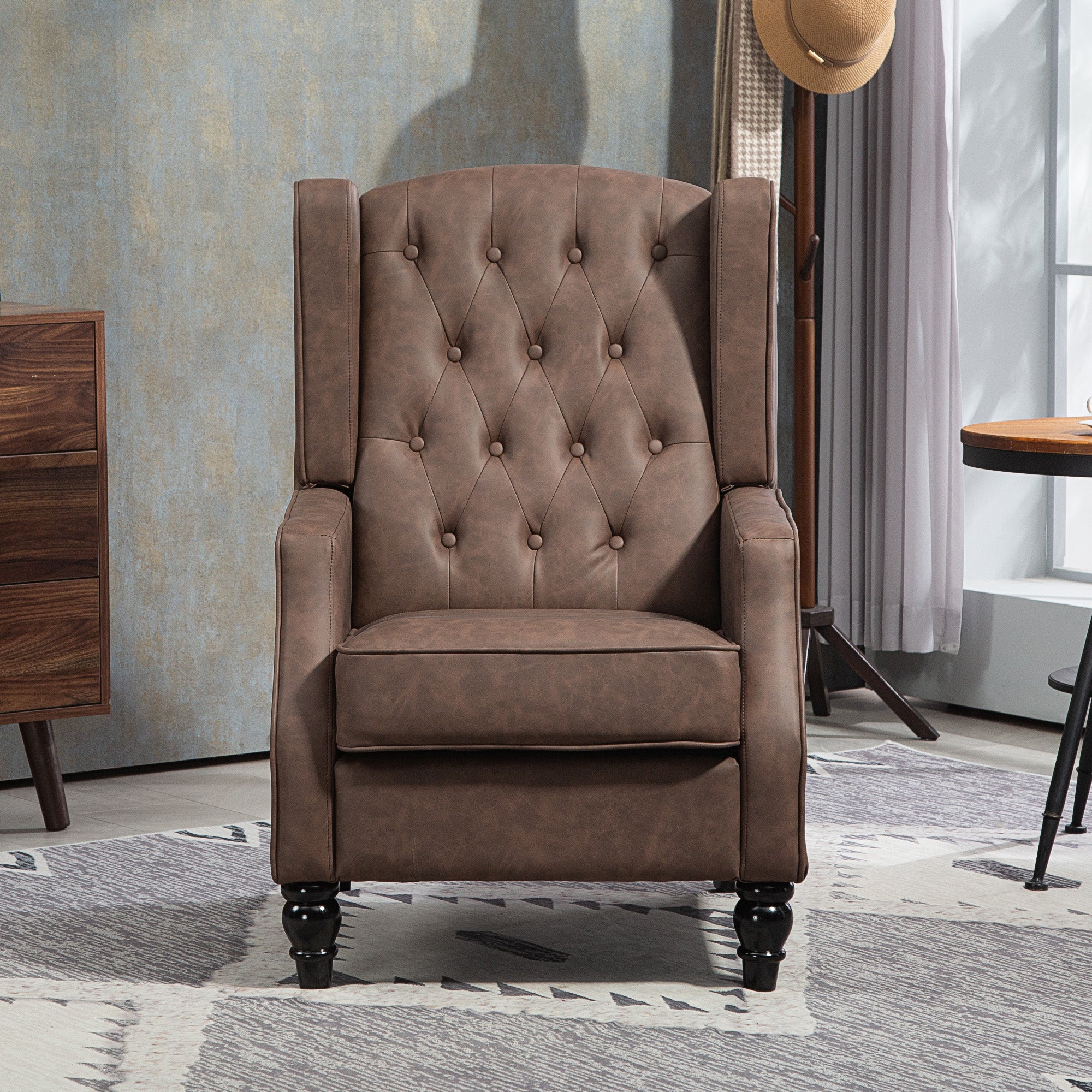 HOMCOM Faux Leather Accent Chair, Upholstered Wingback Armchair, Modern Button Tufted Living Room Chair with Thick Padding, Brown