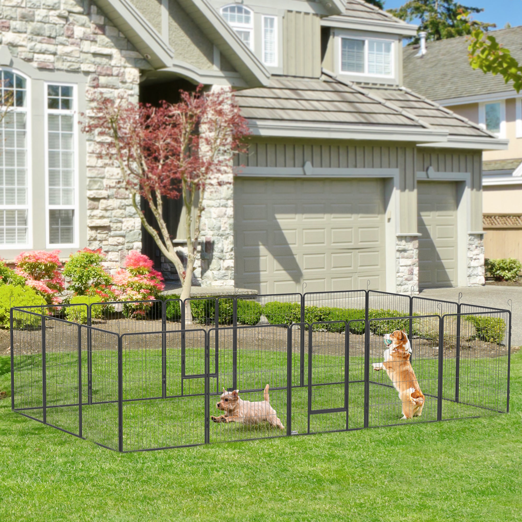 PawHut Dog Playpen, Heavy-duty Metal Puppy Play Pen, Pet Exercise Fences for Outside and Indoor, DIY Design with Door for Multiple Dogs, 16 Panels, 39''H