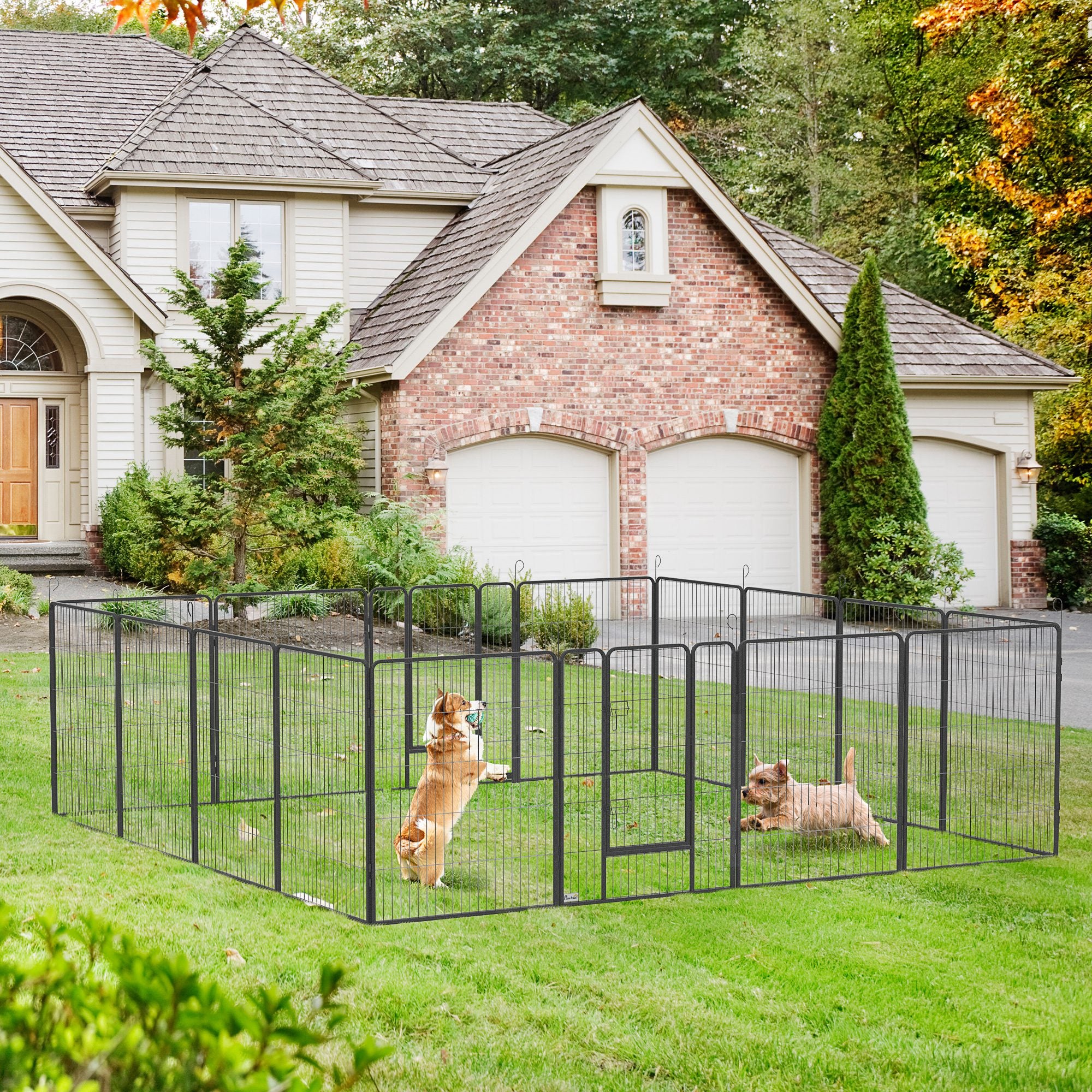 PawHut Dog Playpen, Heavy-duty Metal Puppy Play Pen, Pet Exercise Fences for Outside and Indoor, DIY Design with Door for Multiple Dogs, 16 Panels, 39''H