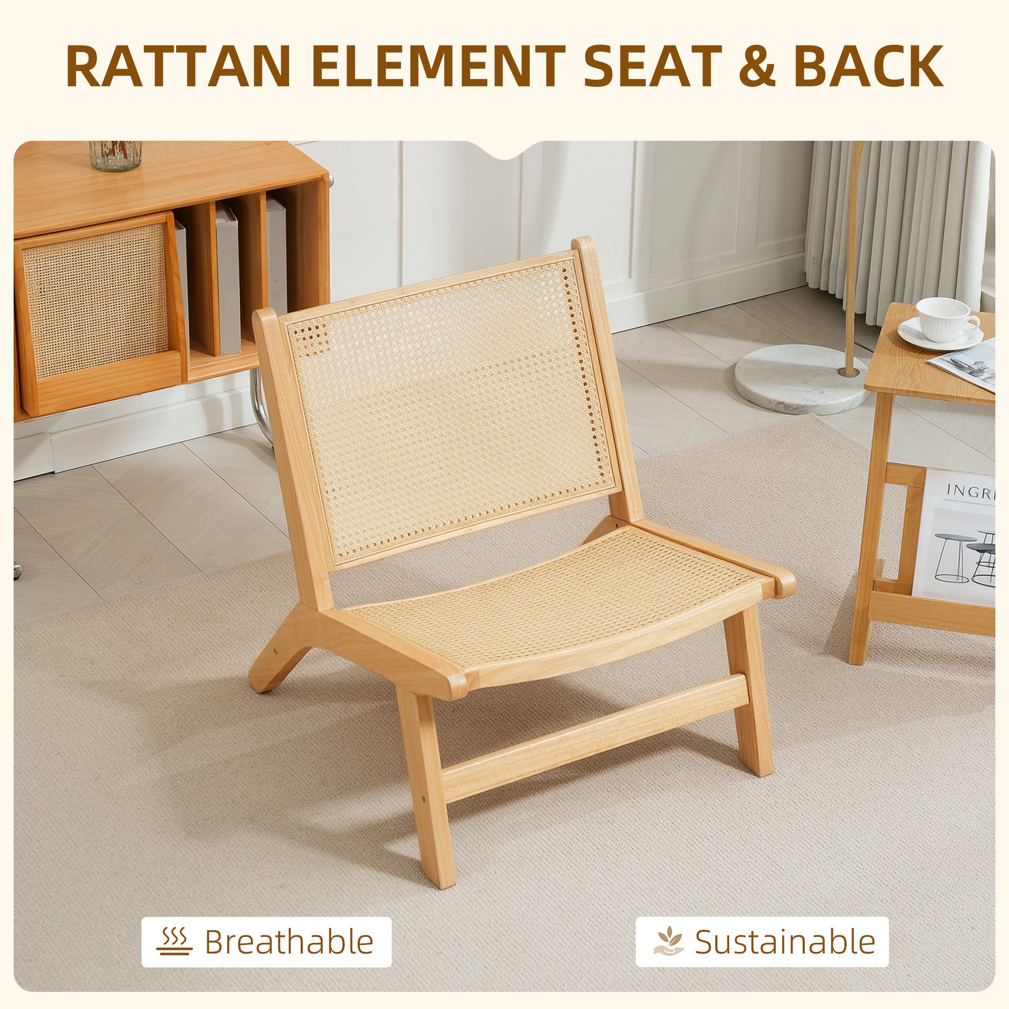 HOMCOM Rattan Accent Chair, Mid-Century Modern Chair with Rubber Wood Frame, for Bedroom Living Room, Natural