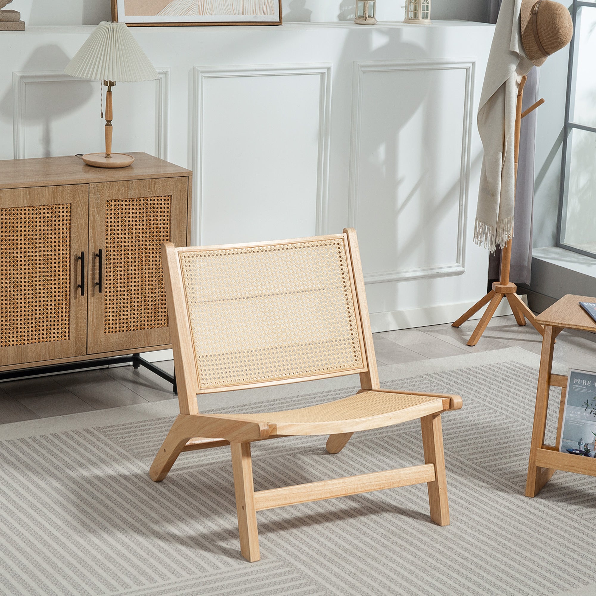 HOMCOM Rattan Accent Chair, Mid-Century Modern Chair with Rubber Wood Frame, for Bedroom Living Room, Natural