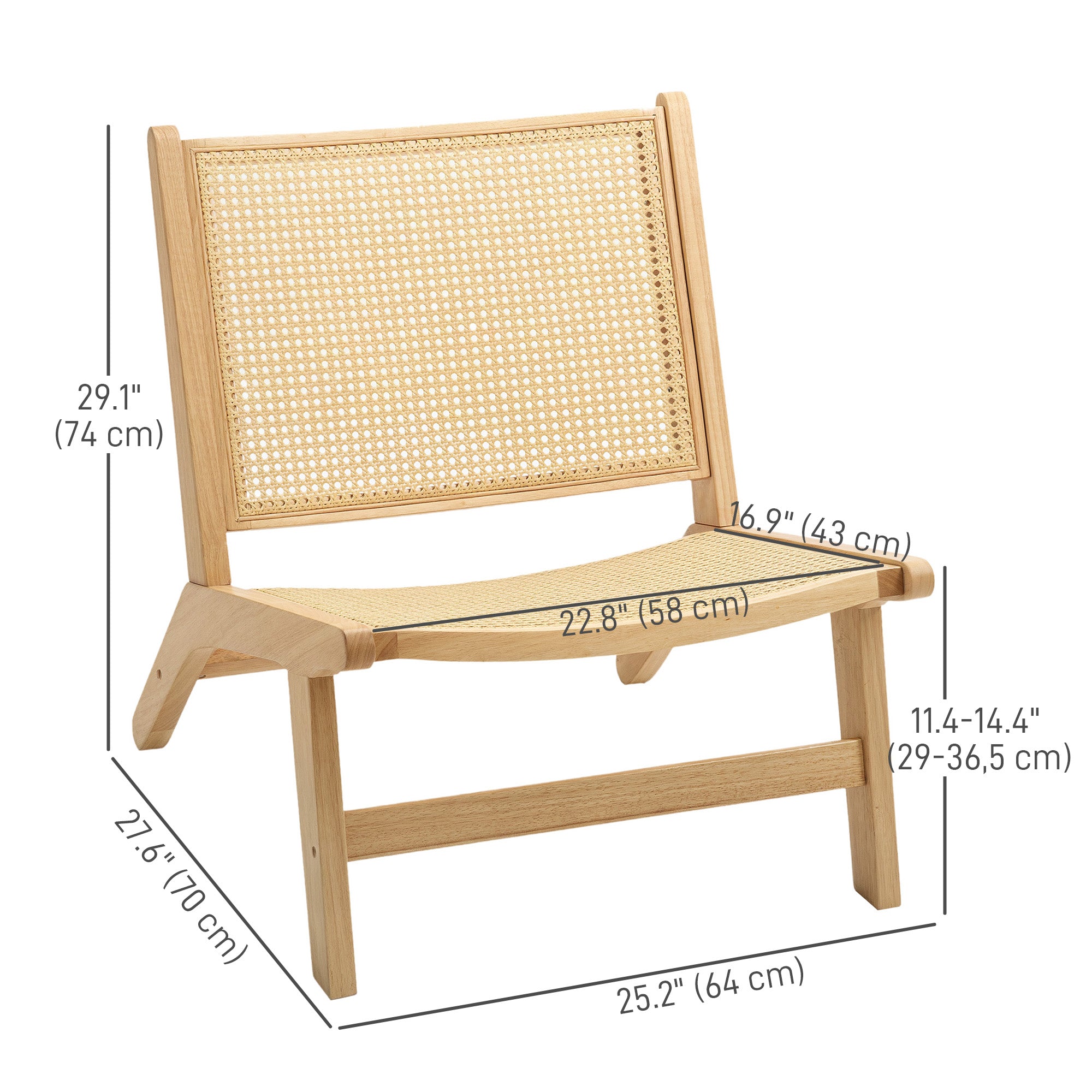 HOMCOM Rattan Accent Chair, Mid-Century Modern Chair with Rubber Wood Frame, for Bedroom Living Room, Natural