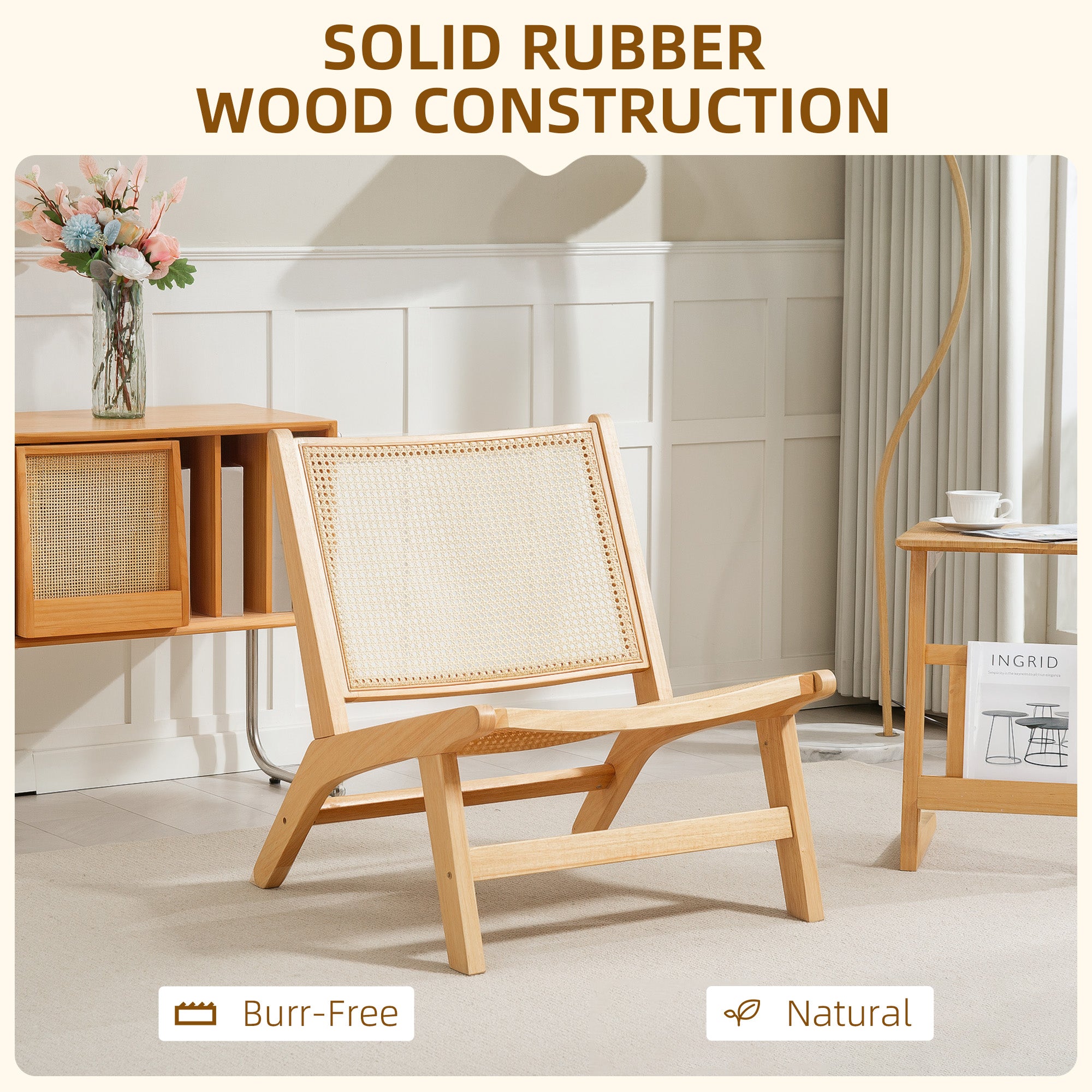 HOMCOM Rattan Accent Chair, Mid-Century Modern Chair with Rubber Wood Frame, for Bedroom Living Room, Natural