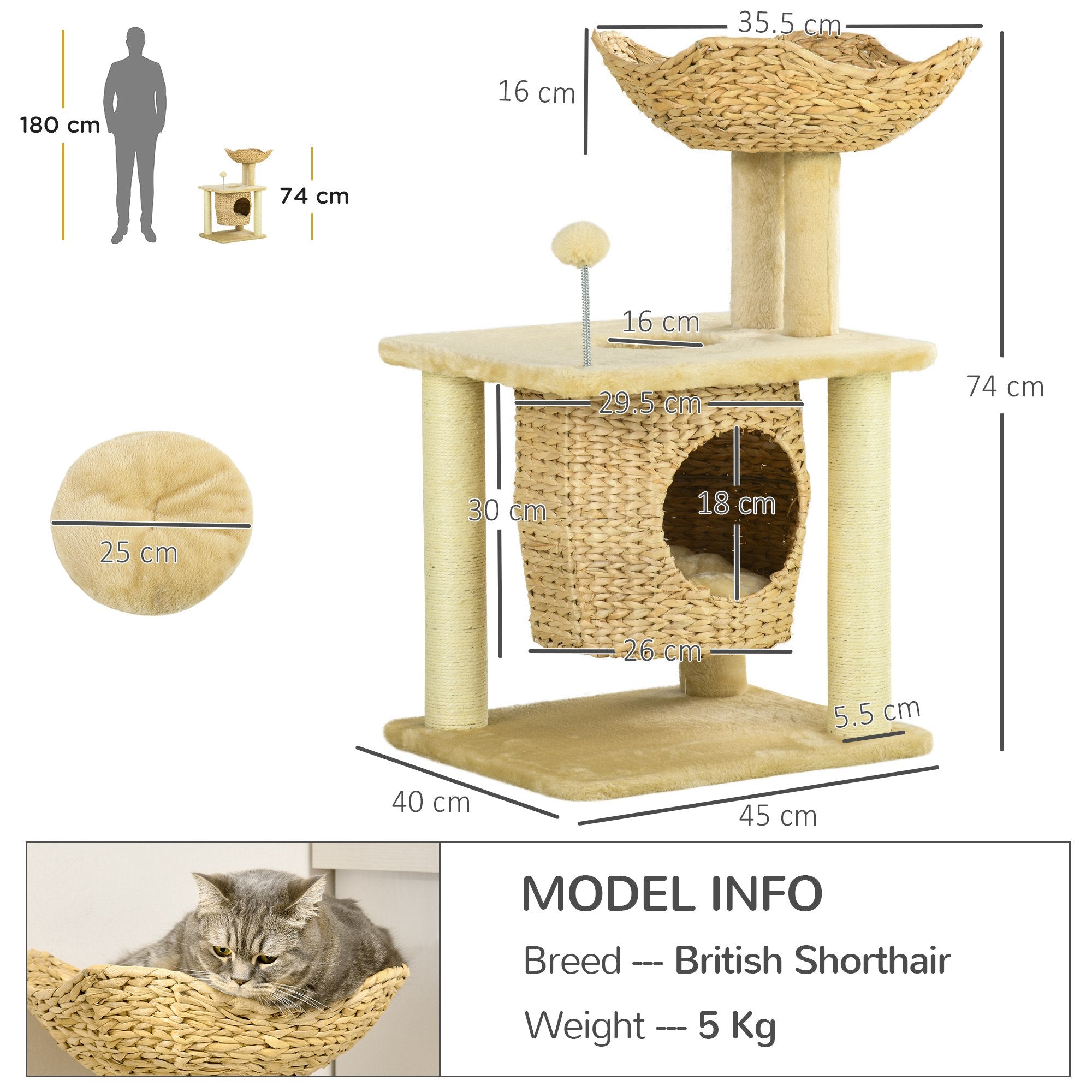 PawHut Cat Tree for Indoor Cats, Cat Climbing Tree with Scratching Posts, Cat House, Bed, Washable Cushions and Toy Ball, Beige