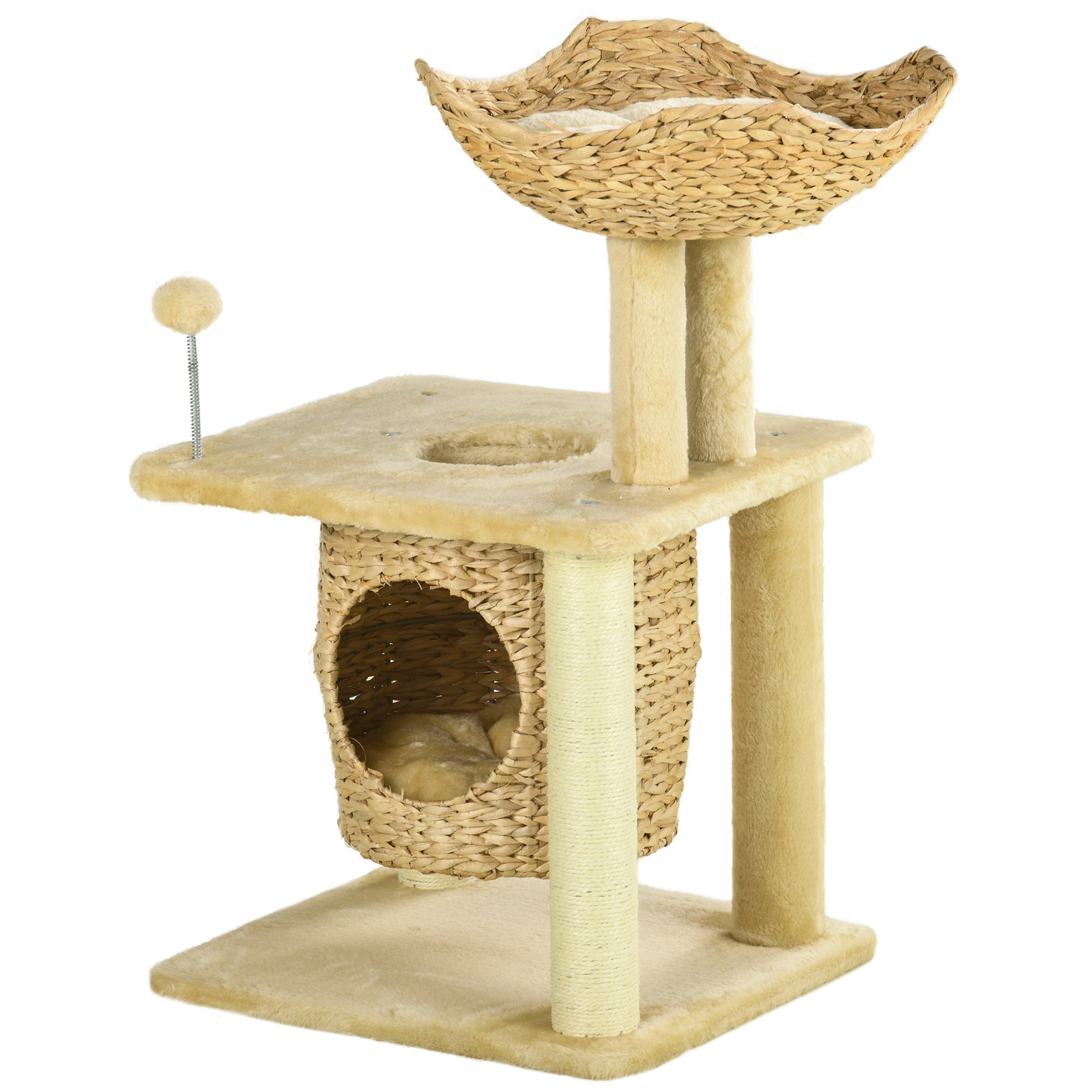 PawHut Cat Tree for Indoor Cats, Cat Climbing Tree with Scratching Posts, Cat House, Bed, Washable Cushions and Toy Ball, Beige
