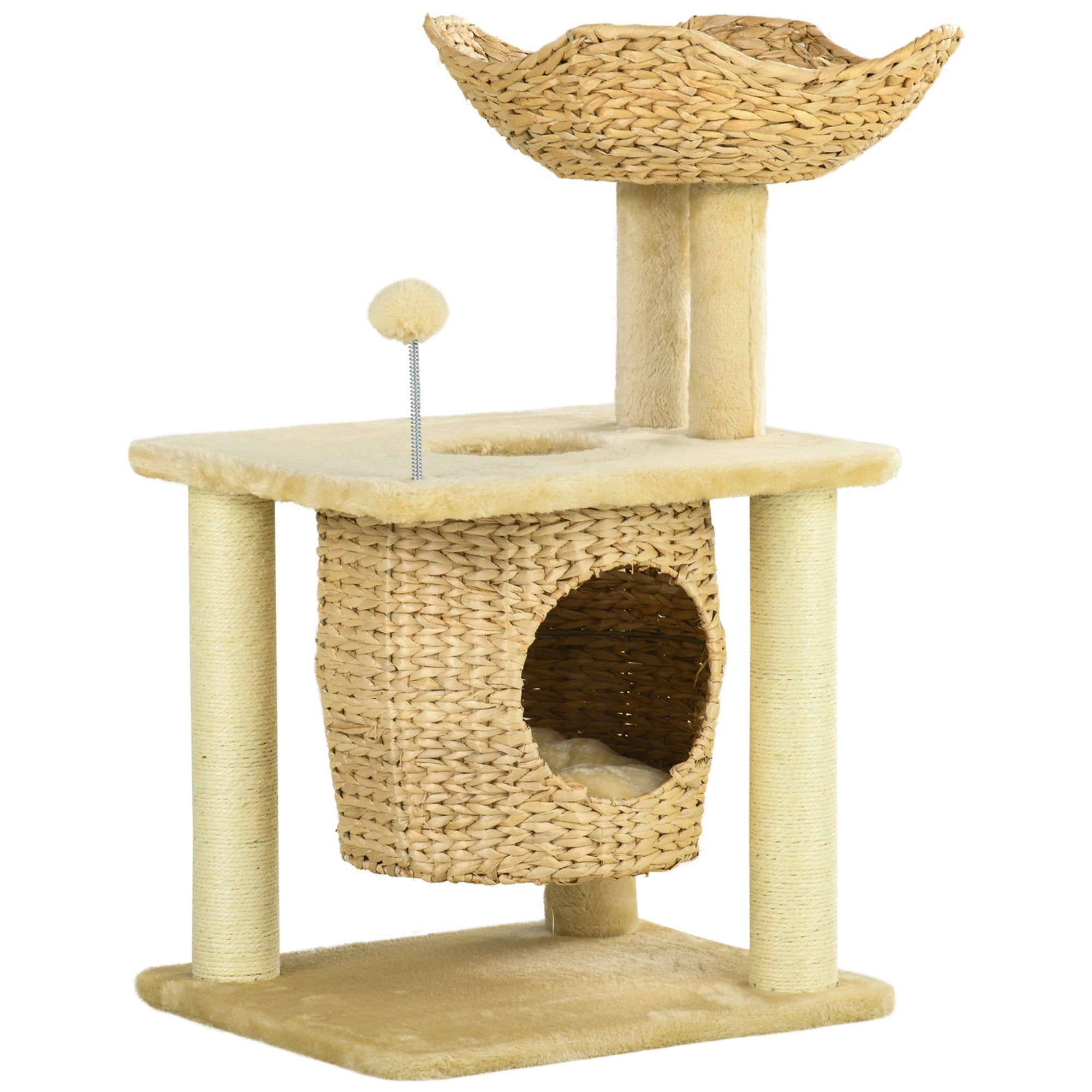 PawHut Cat Tree for Indoor Cats, Cat Climbing Tree with Scratching Posts, Cat House, Bed, Washable Cushions and Toy Ball, Beige