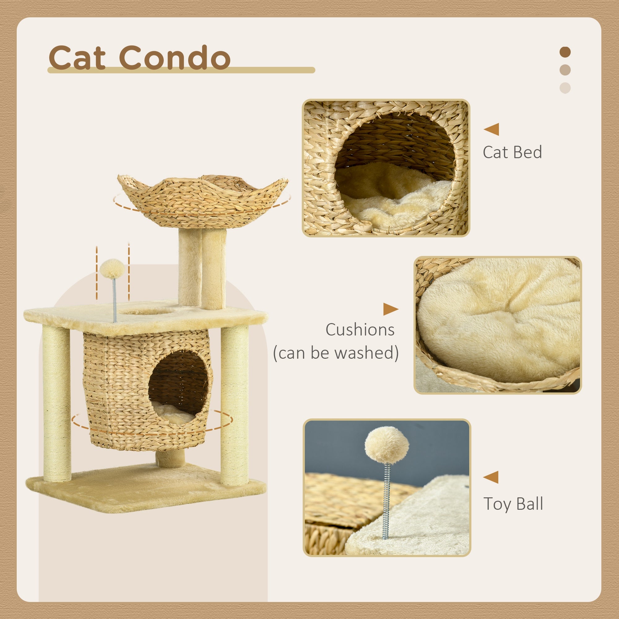 PawHut Cat Tree for Indoor Cats, Cat Climbing Tree with Scratching Posts, Cat House, Bed, Washable Cushions and Toy Ball, Beige
