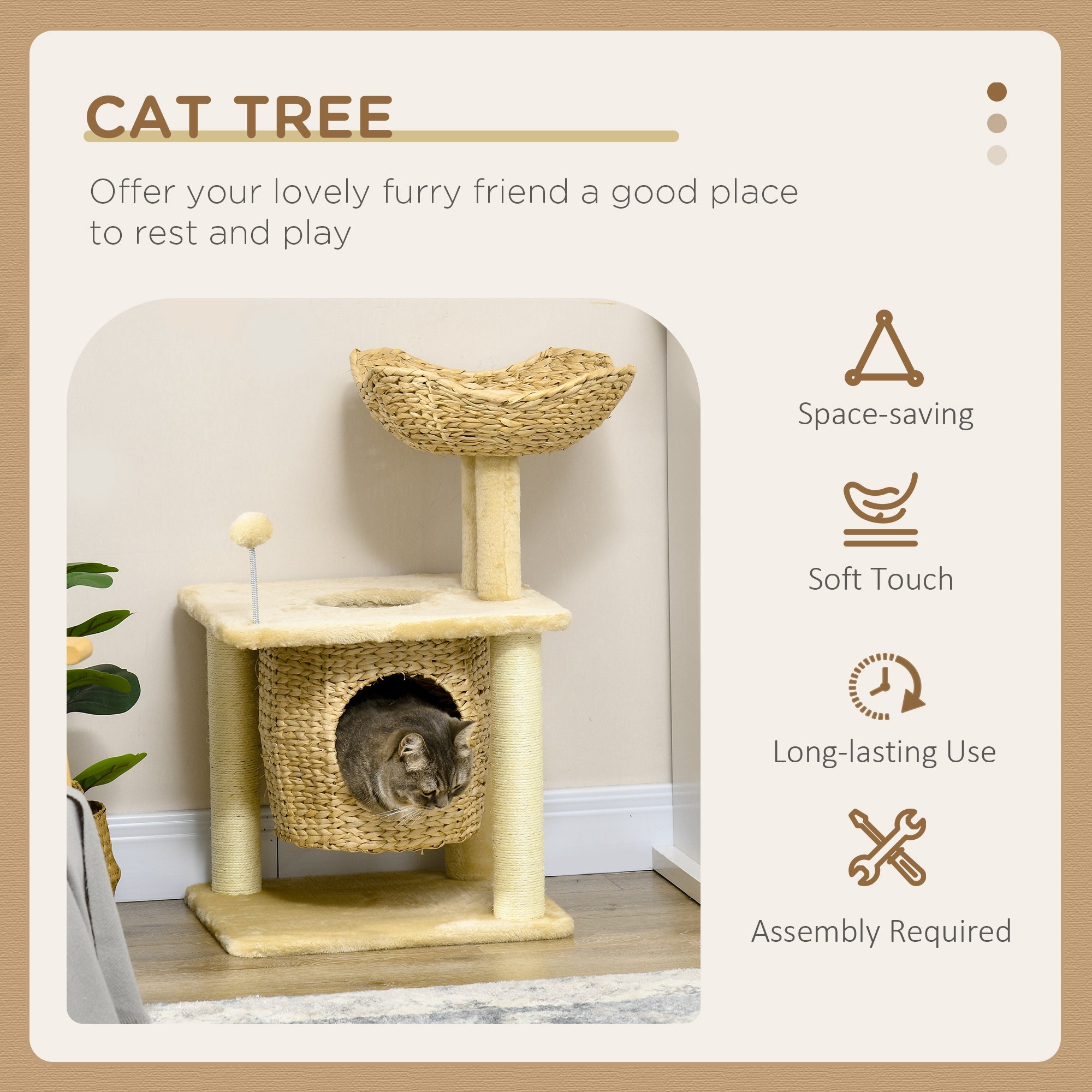 PawHut Cat Tree for Indoor Cats, Cat Climbing Tree with Scratching Posts, Cat House, Bed, Washable Cushions and Toy Ball, Beige