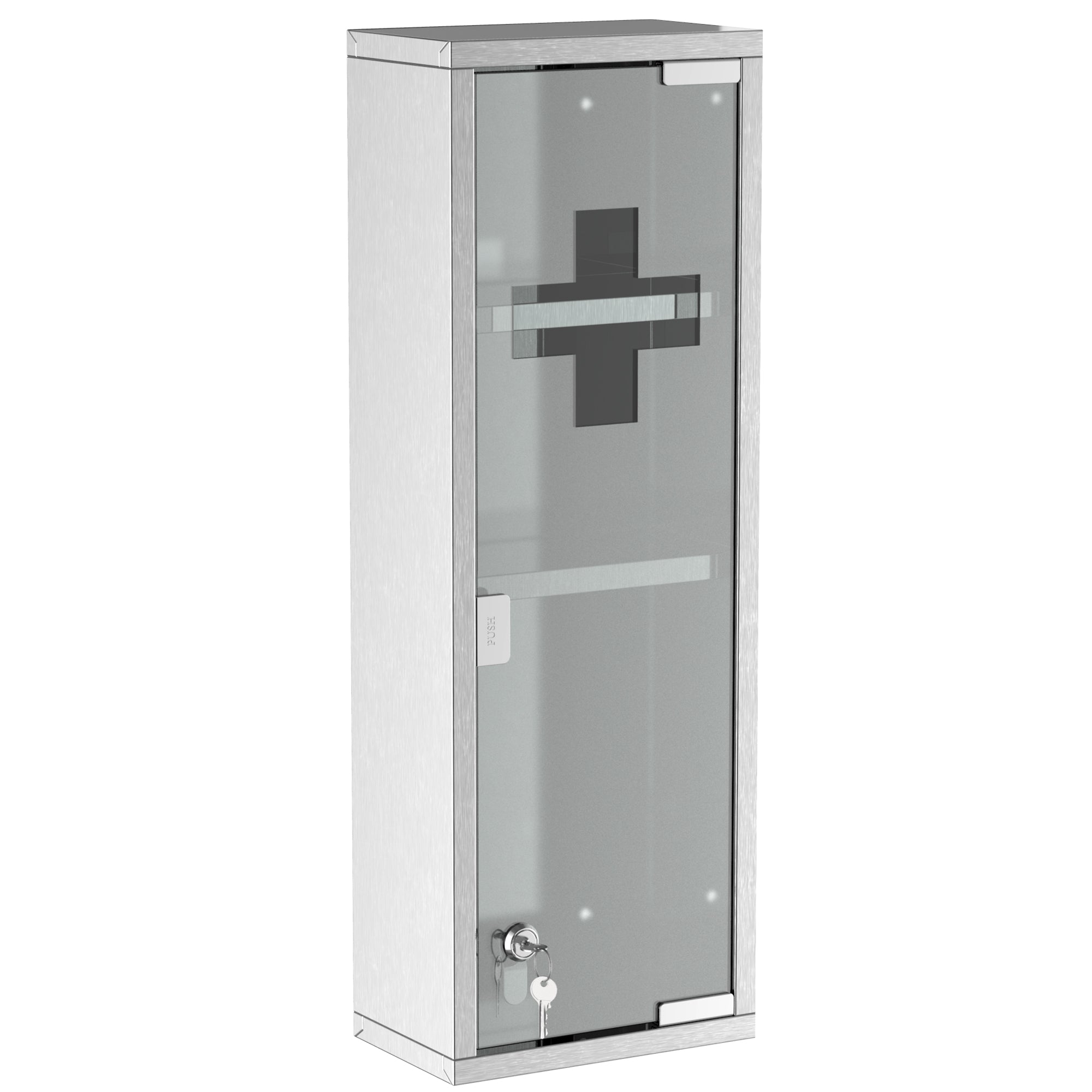 kleankin Wall Mount Medicine Cabinet, Bathroom Cabinet with 3 Tier Shelves, Stainless Steel Frame and Glass Door, Lockable with 2 Keys, Silver, 8