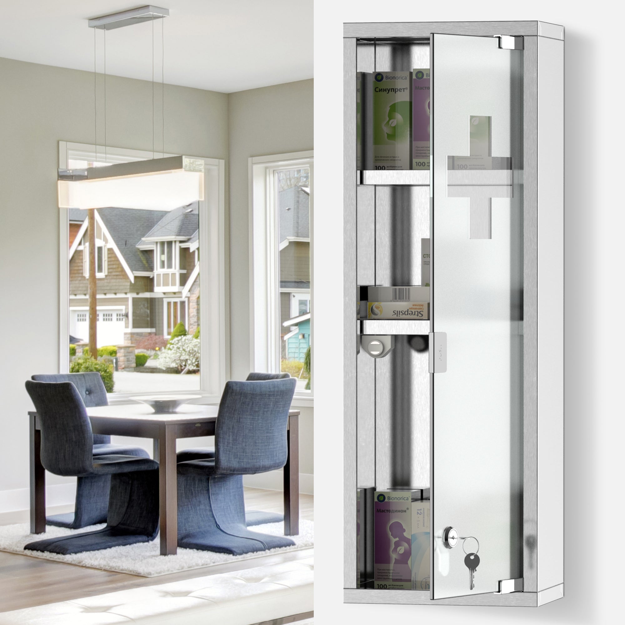 kleankin Wall Mount Medicine Cabinet, Bathroom Cabinet with 3 Tier Shelves, Stainless Steel Frame and Glass Door, Lockable with 2 Keys, Silver, 8