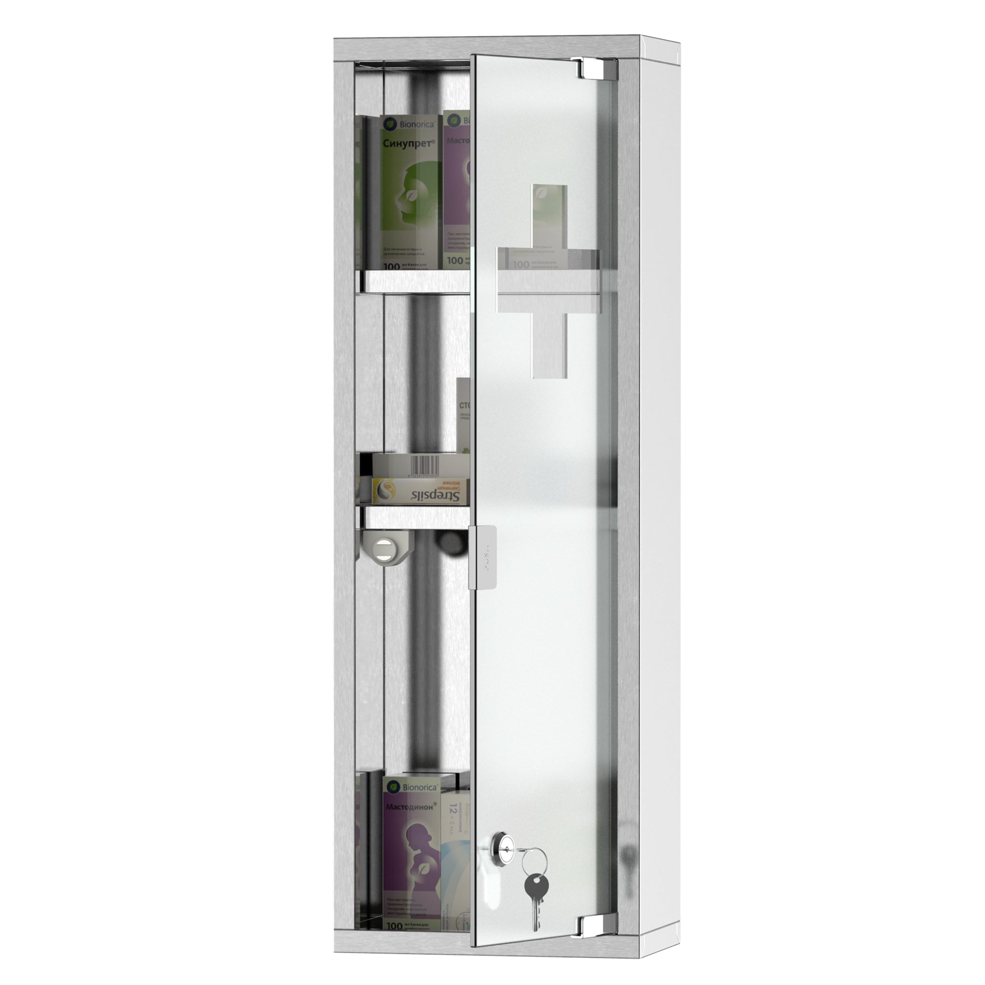 kleankin Wall Mount Medicine Cabinet, Bathroom Cabinet with 3 Tier Shelves, Stainless Steel Frame and Glass Door, Lockable with 2 Keys, Silver, 8