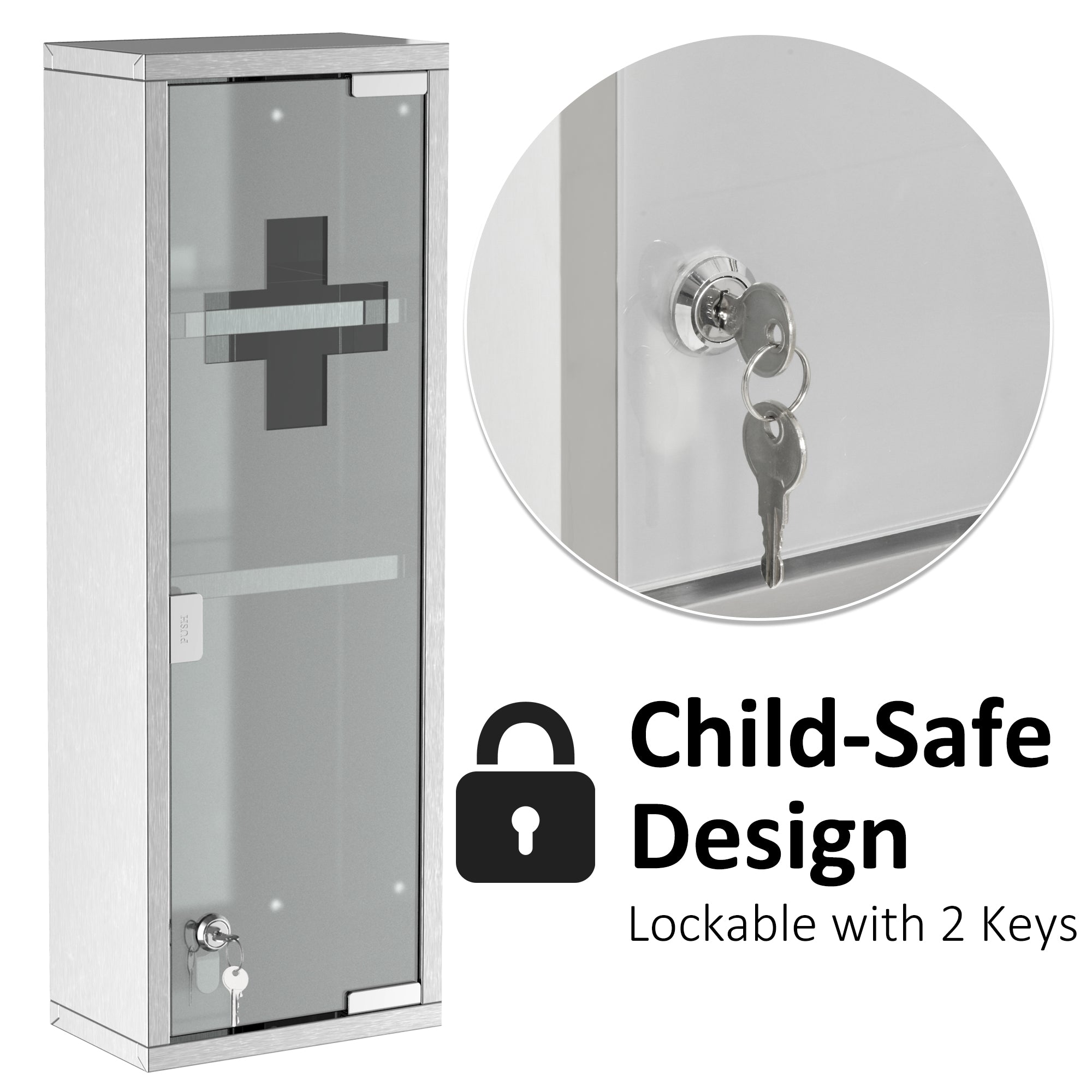 kleankin Wall Mount Medicine Cabinet, Bathroom Cabinet with 3 Tier Shelves, Stainless Steel Frame and Glass Door, Lockable with 2 Keys, Silver, 8