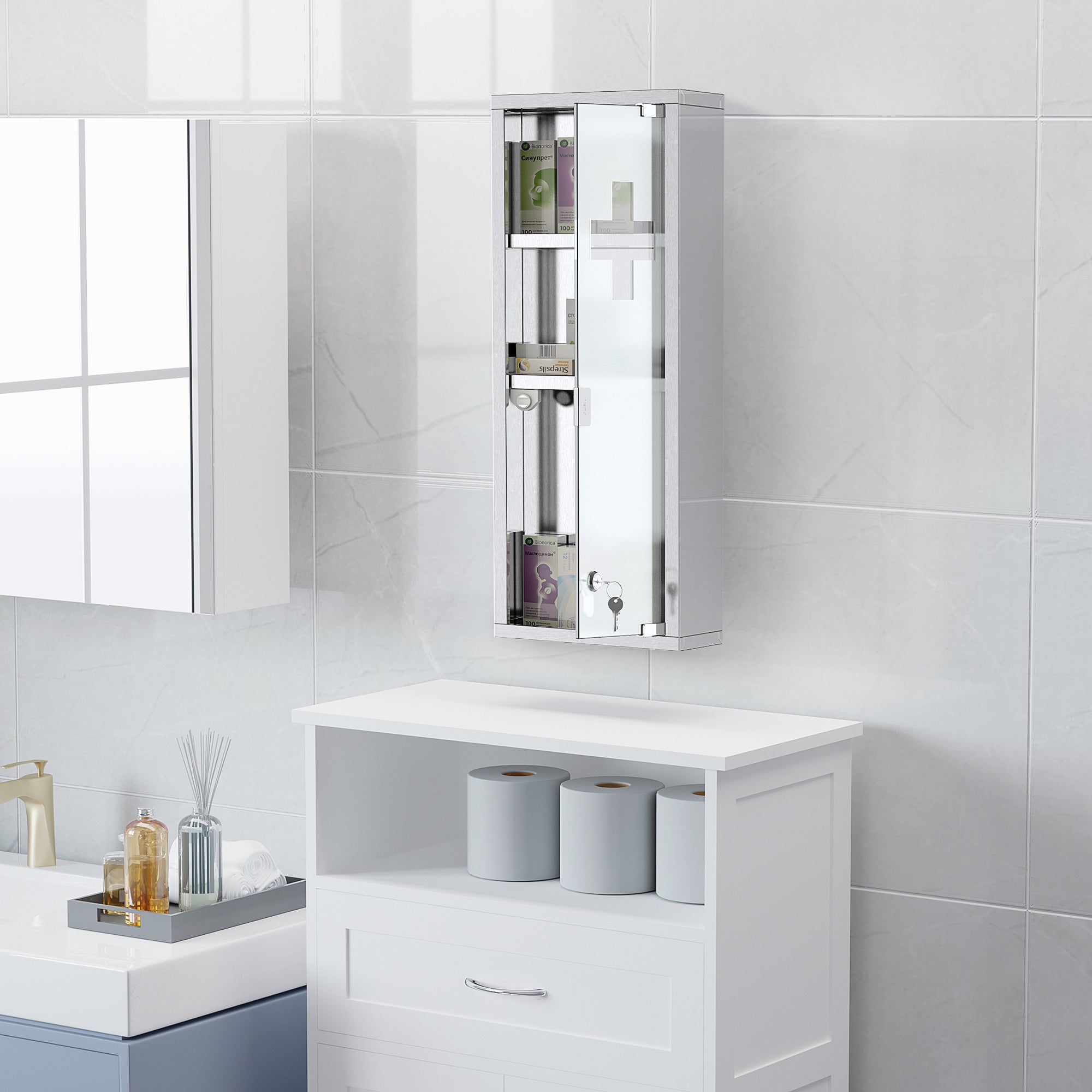kleankin Wall Mount Medicine Cabinet, Bathroom Cabinet with 3 Tier Shelves, Stainless Steel Frame and Glass Door, Lockable with 2 Keys, Silver, 8