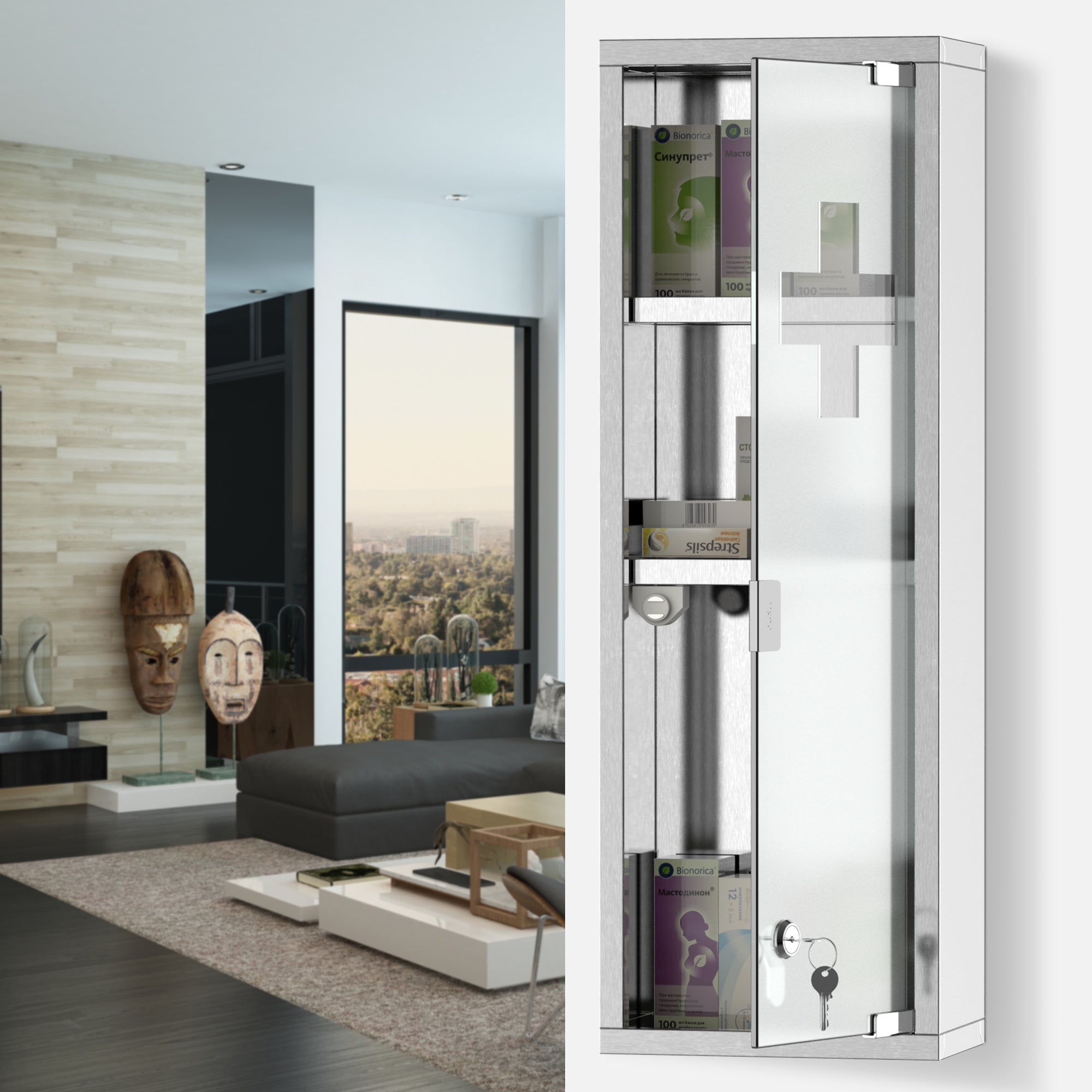 kleankin Wall Mount Medicine Cabinet, Bathroom Cabinet with 3 Tier Shelves, Stainless Steel Frame and Glass Door, Lockable with 2 Keys, Silver, 8