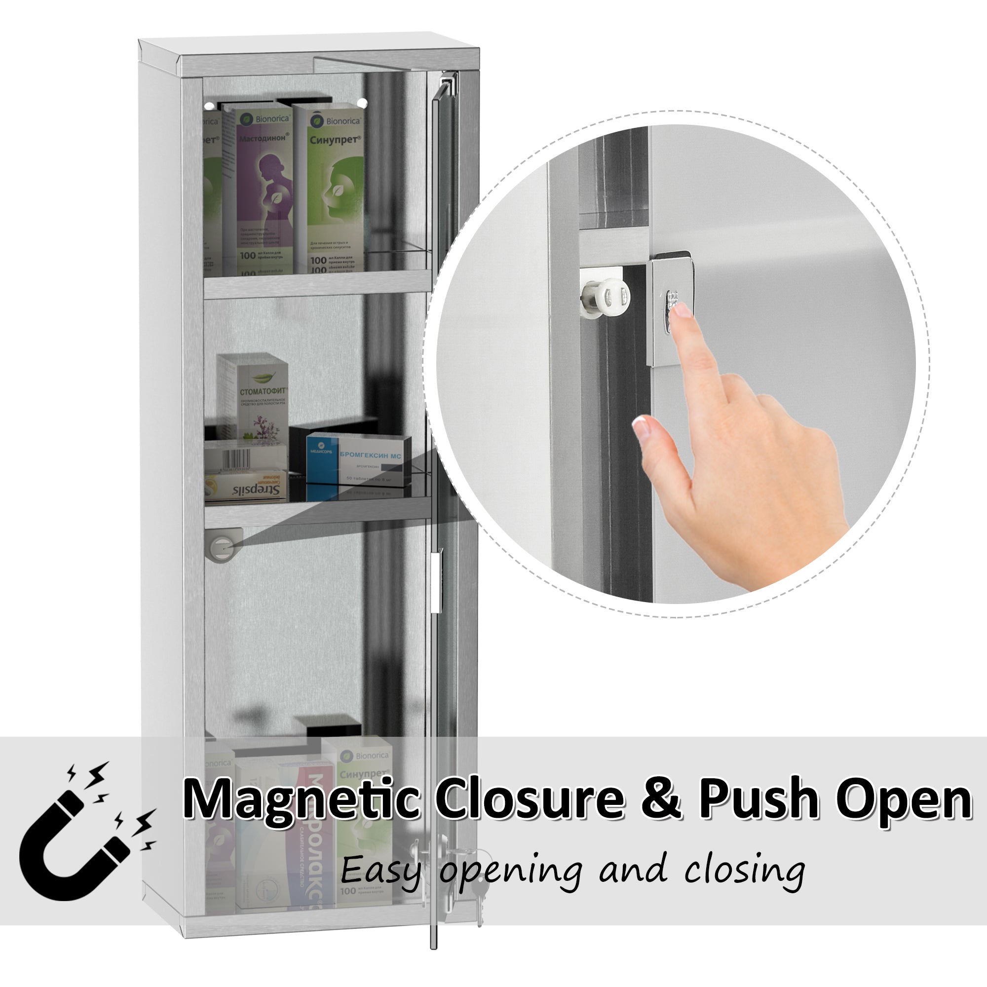 kleankin Wall Mount Medicine Cabinet, Bathroom Cabinet with 3 Tier Shelves, Stainless Steel Frame and Glass Door, Lockable with 2 Keys, Silver, 8