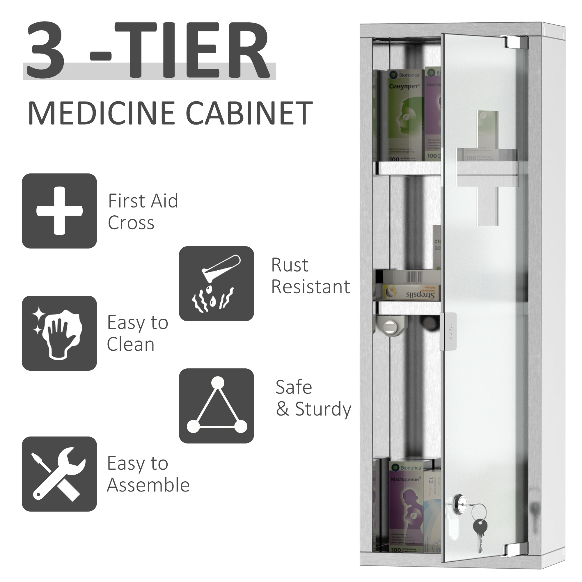 kleankin Wall Mount Medicine Cabinet, Bathroom Cabinet with 3 Tier Shelves, Stainless Steel Frame and Glass Door, Lockable with 2 Keys, Silver, 8