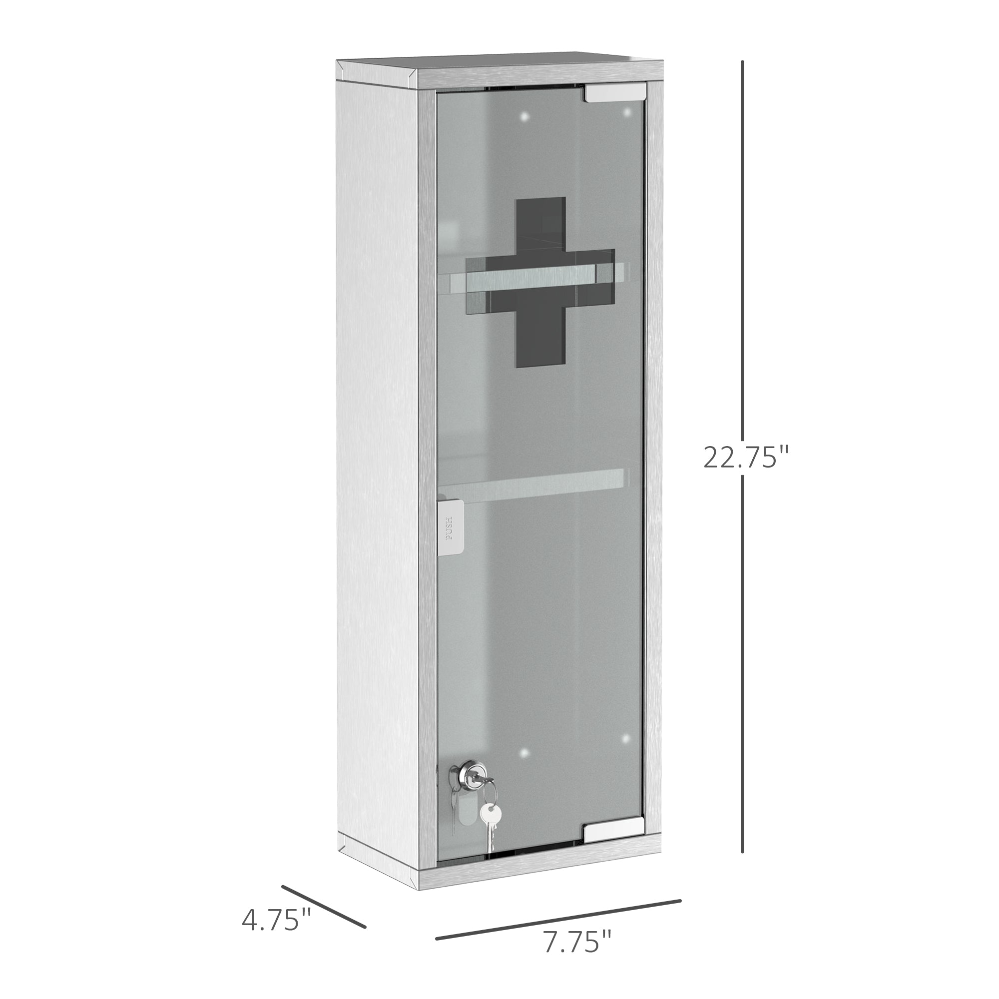 kleankin Wall Mount Medicine Cabinet, Bathroom Cabinet with 3 Tier Shelves, Stainless Steel Frame and Glass Door, Lockable with 2 Keys, Silver, 8