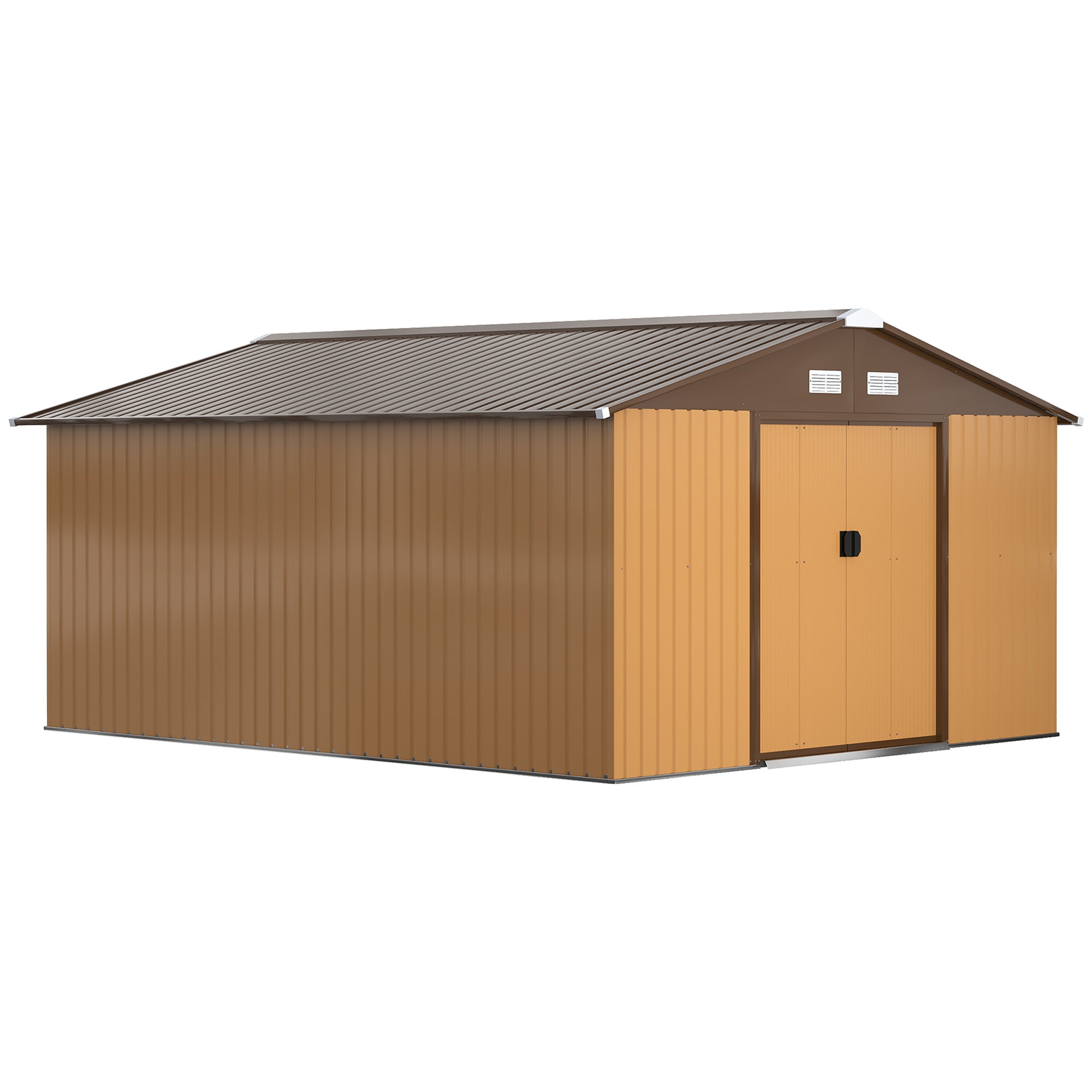 Outsunny 11' x 13' Garden Storage Shed with Foundation Kit, Metal Tool Storage House with Double Doors for Outdoor Patio Yard, Yellow