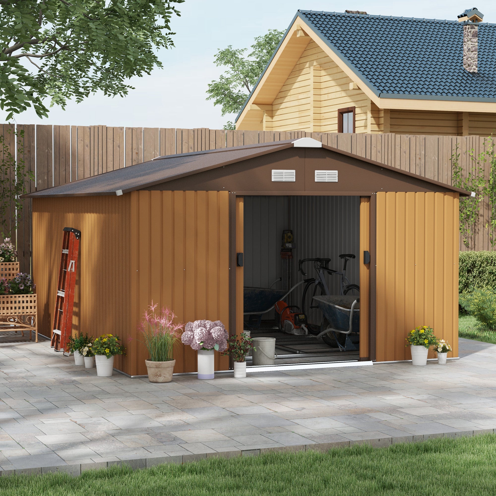 Outsunny 11' x 13' Garden Storage Shed with Foundation Kit, Metal Tool Storage House with Double Doors for Outdoor Patio Yard, Yellow