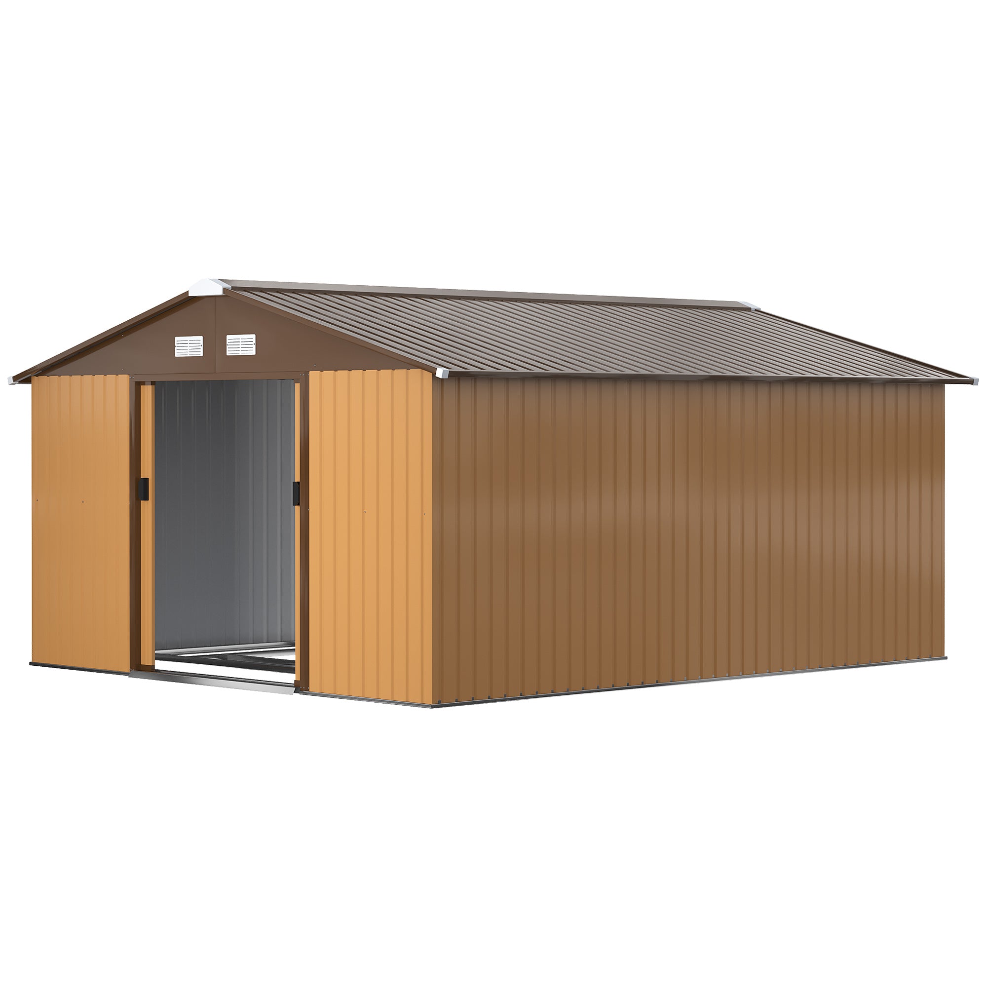 Outsunny 11' x 13' Garden Storage Shed with Foundation Kit, Metal Tool Storage House with Double Doors for Outdoor Patio Yard, Yellow
