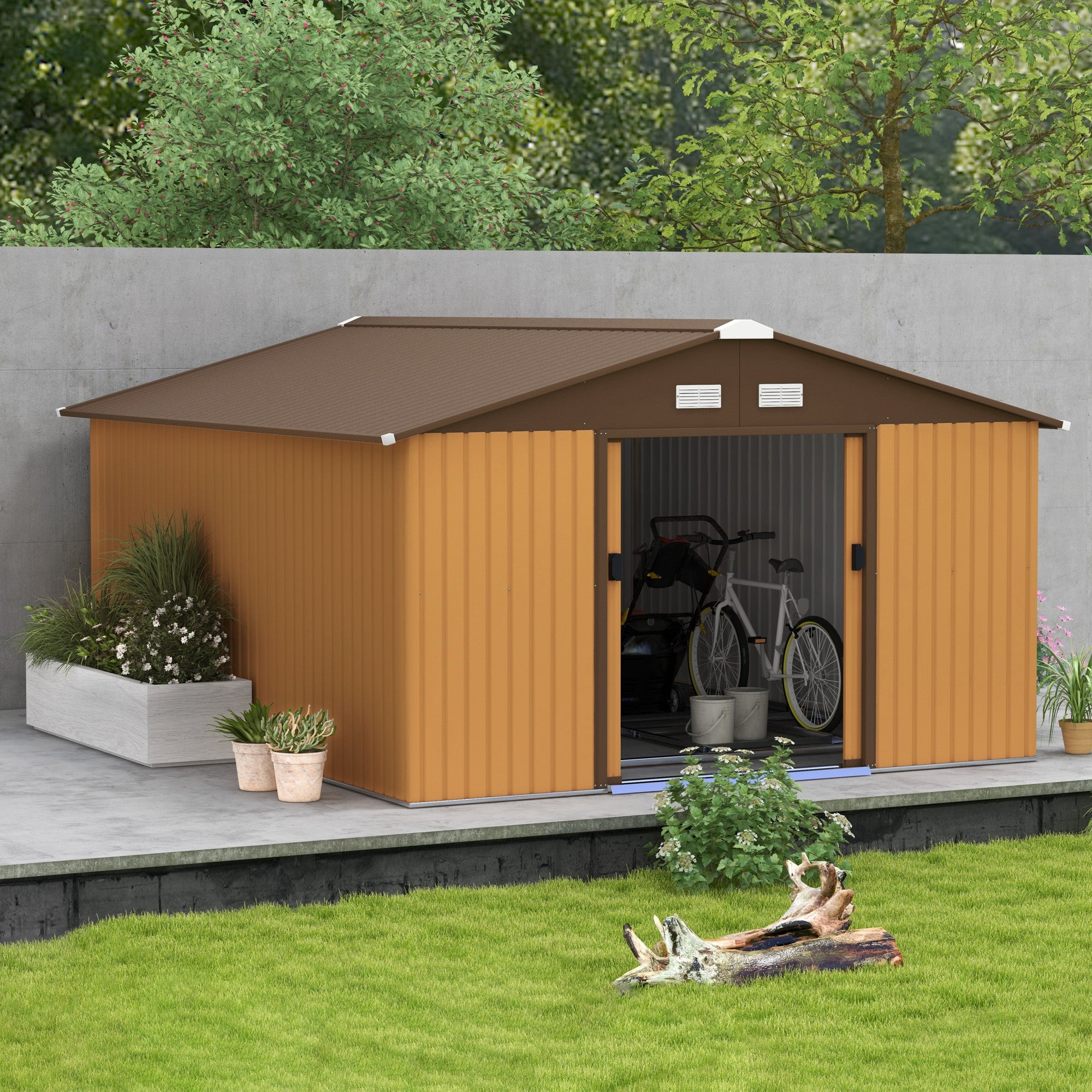Outsunny 11' x 13' Garden Storage Shed with Foundation Kit, Metal Tool Storage House with Double Doors for Outdoor Patio Yard, Yellow