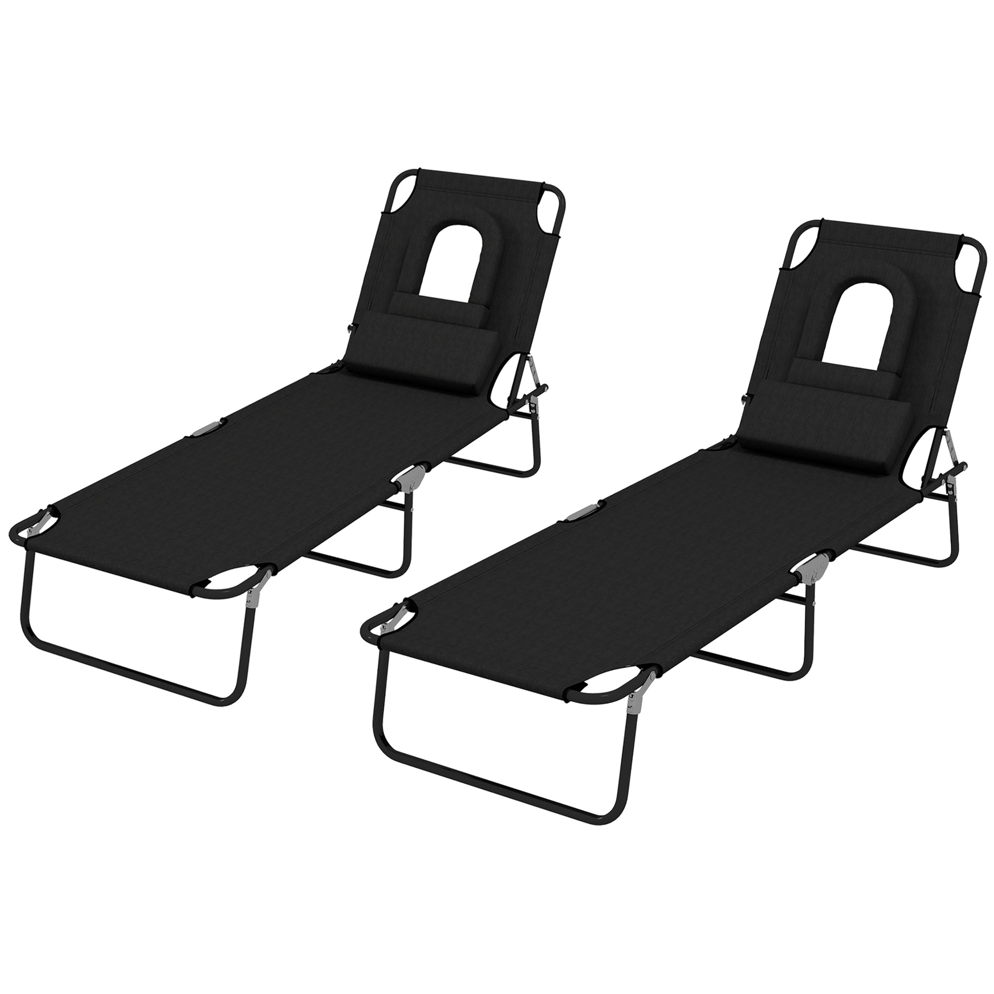 Outsunny 2PCS Adjustable Outdoor Lounge Chair, Garden Folding Chaise Lounge w/ Reading Hole Reclining Tanning Chair Seat, Folding Camping Beach Lounging Bed with Head Support Black