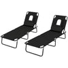Outsunny 2PCS Adjustable Outdoor Lounge Chair, Garden Folding Chaise Lounge w/ Reading Hole Reclining Tanning Chair Seat, Folding Camping Beach Lounging Bed with Head Support Black