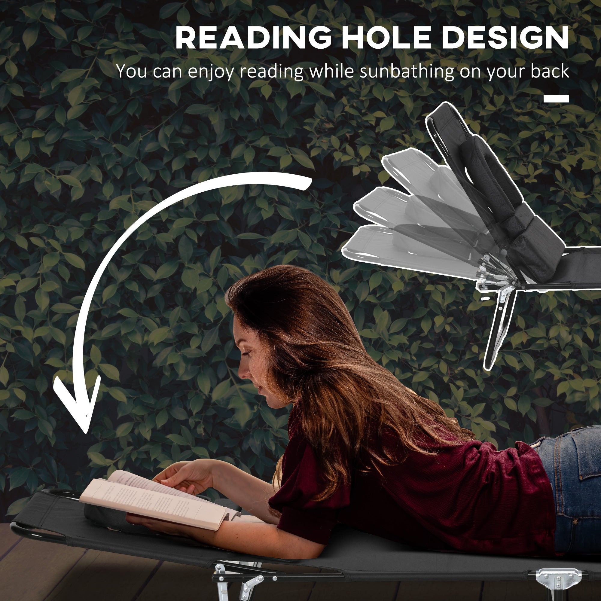 Outsunny 2PCS Adjustable Outdoor Lounge Chair, Garden Folding Chaise Lounge w/ Reading Hole Reclining Tanning Chair Seat, Folding Camping Beach Lounging Bed with Head Support Black