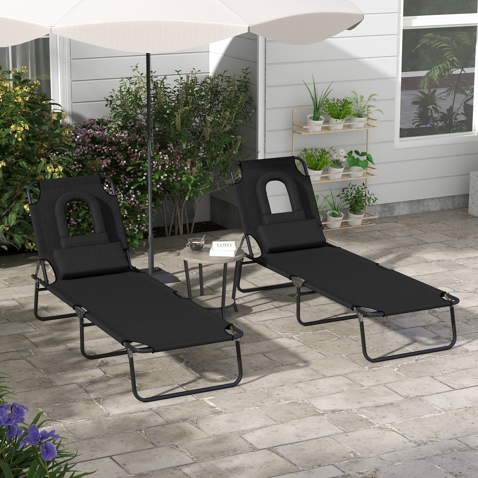 Outsunny 2PCS Adjustable Outdoor Lounge Chair, Garden Folding Chaise Lounge w/ Reading Hole Reclining Tanning Chair Seat, Folding Camping Beach Lounging Bed with Head Support Black