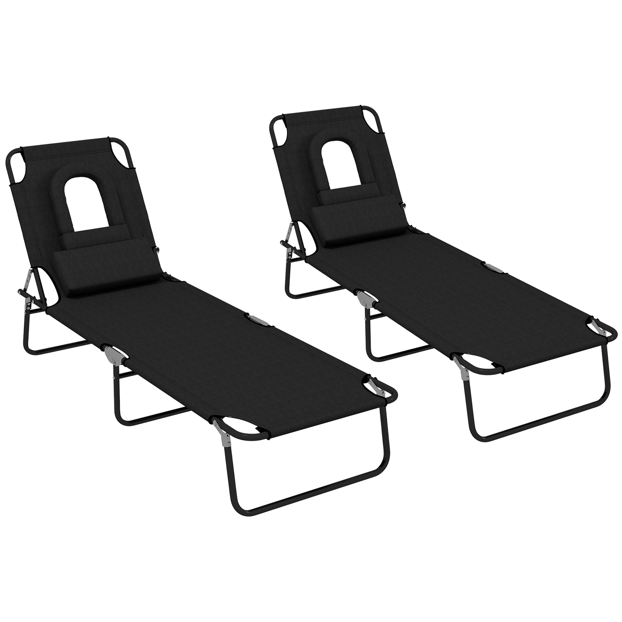 Outsunny 2PCS Adjustable Outdoor Lounge Chair, Garden Folding Chaise Lounge w/ Reading Hole Reclining Tanning Chair Seat, Folding Camping Beach Lounging Bed with Head Support Black
