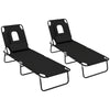 Outsunny 2PCS Adjustable Outdoor Lounge Chair, Garden Folding Chaise Lounge w/ Reading Hole Reclining Tanning Chair Seat, Folding Camping Beach Lounging Bed with Head Support Black