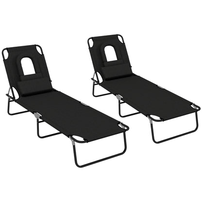 Outsunny 2PCS Adjustable Outdoor Lounge Chair, Garden Folding Chaise Lounge w/ Reading Hole Reclining Tanning Chair Seat, Folding Camping Beach Lounging Bed with Head Support Black