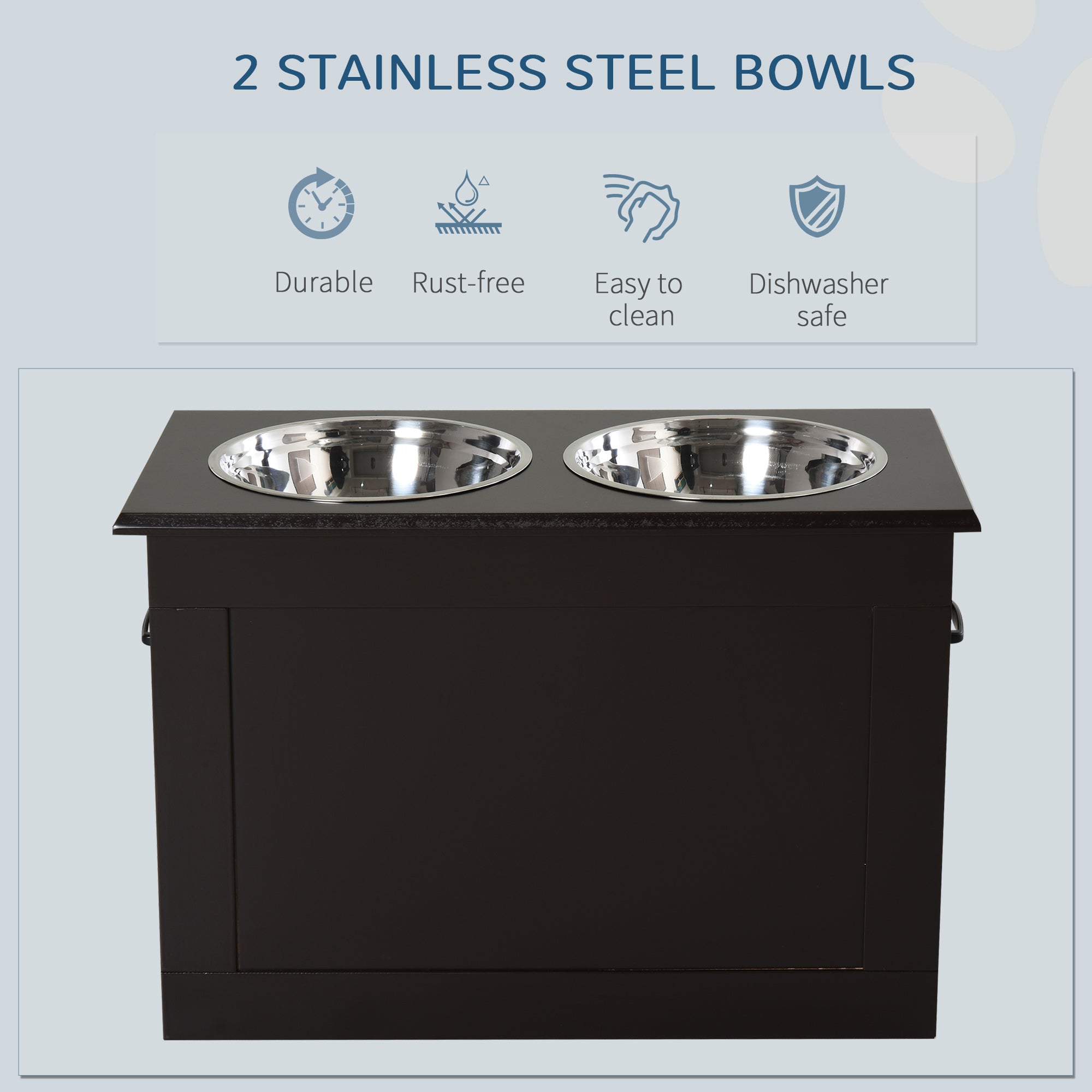 PawHut Elevated Dog Bowls for Large Dogs with Storage Dog Pet Diner Function 2 Stainless Steel Dog Bowls Elevated Base for Big-sized Dogs and Other Large Pets, Coffee