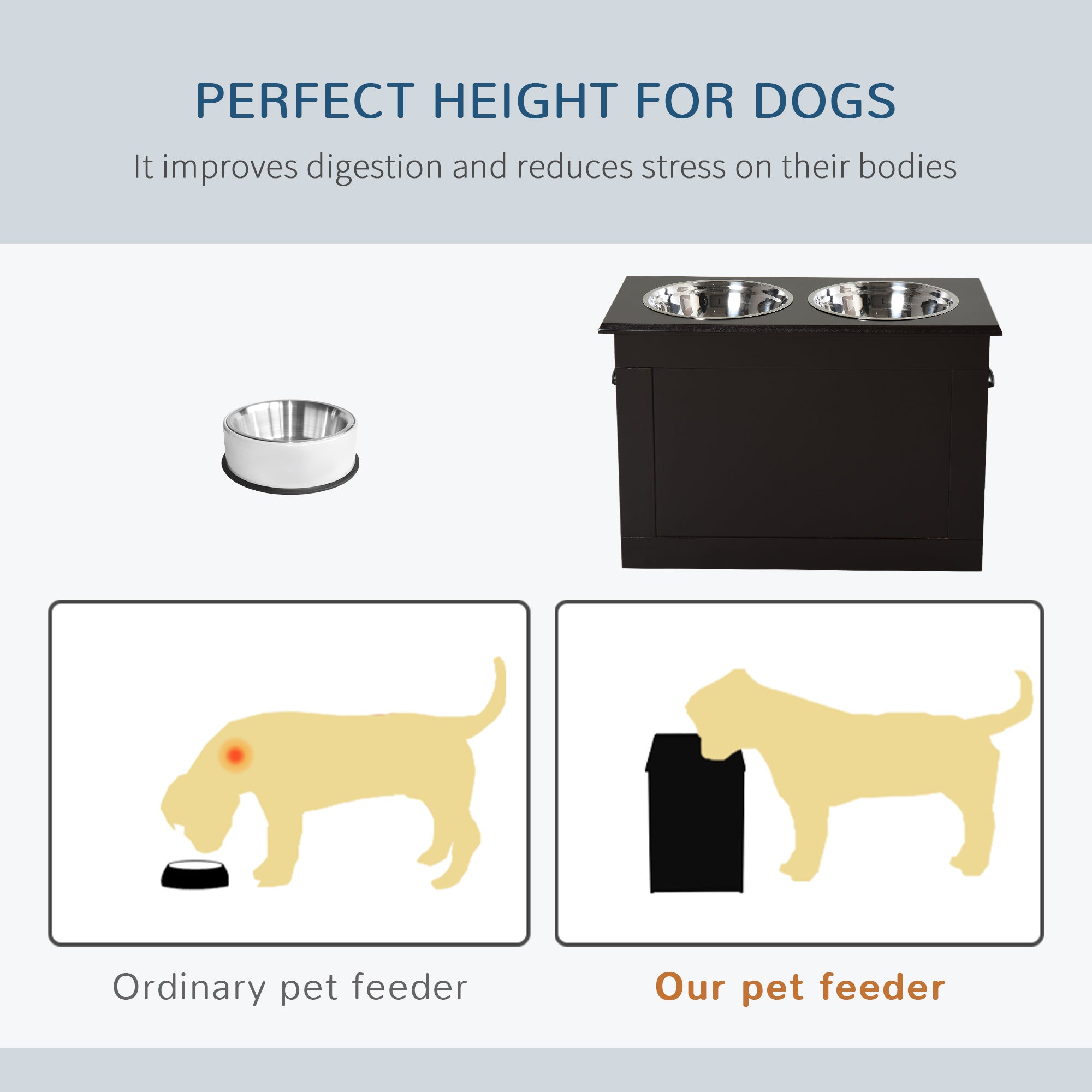 PawHut Elevated Dog Bowls for Large Dogs with Storage Dog Pet Diner Function 2 Stainless Steel Dog Bowls Elevated Base for Big-sized Dogs and Other Large Pets, Coffee