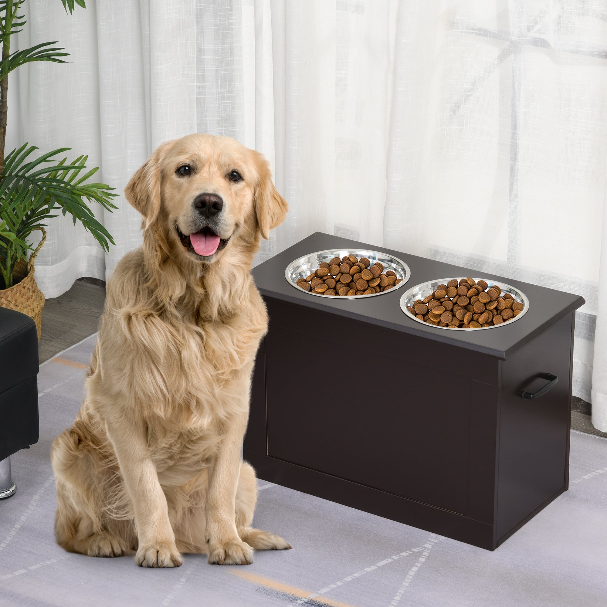 PawHut Elevated Dog Bowls for Large Dogs with Storage Dog Pet Diner Function 2 Stainless Steel Dog Bowls Elevated Base for Big-sized Dogs and Other Large Pets, Coffee