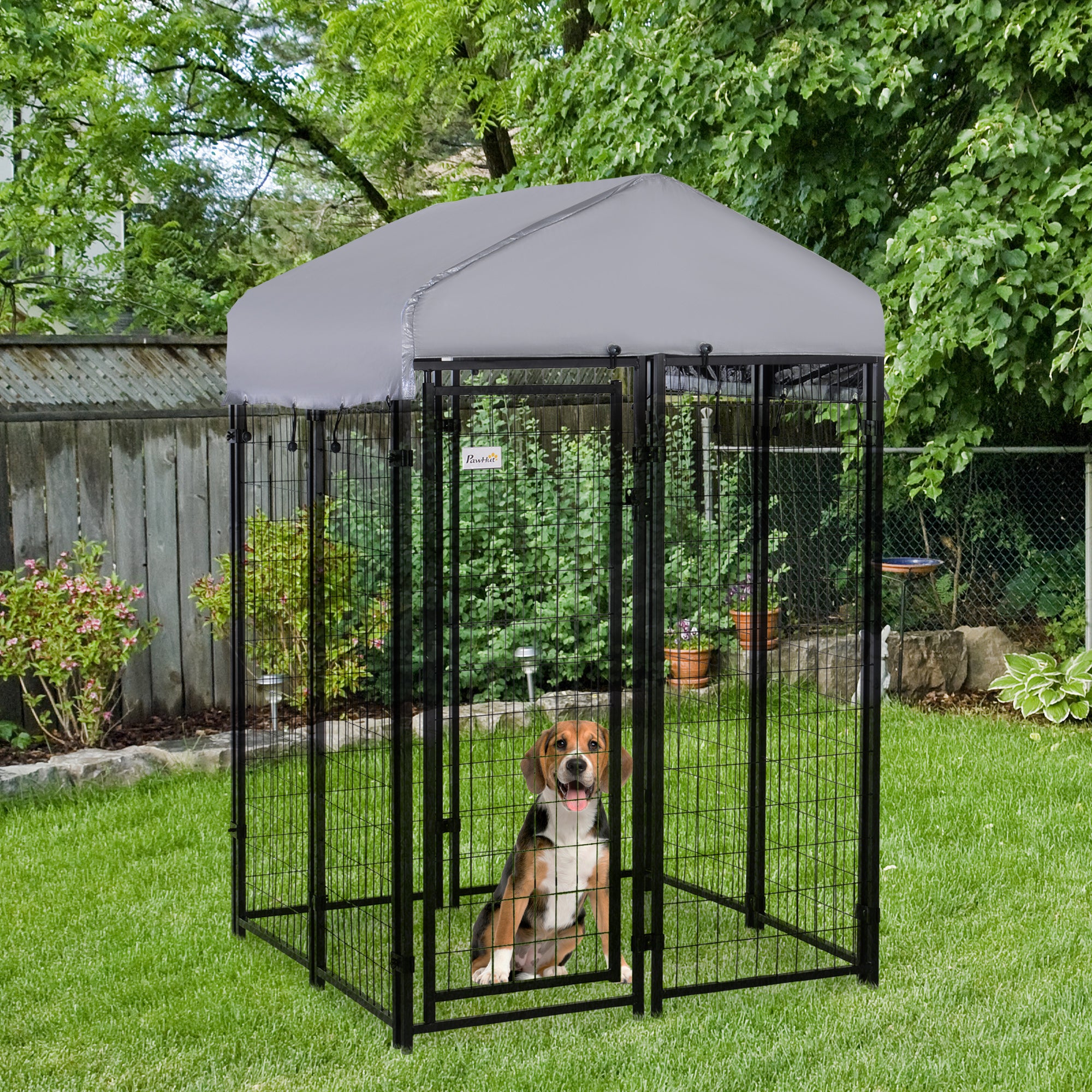 PawHut 4' x 4' x 6'  Dog Kennel Outside, Dog Playpen Exercise Pen with Lockable Door, Water-Resistant Canopy, for Medium and Large Puppies