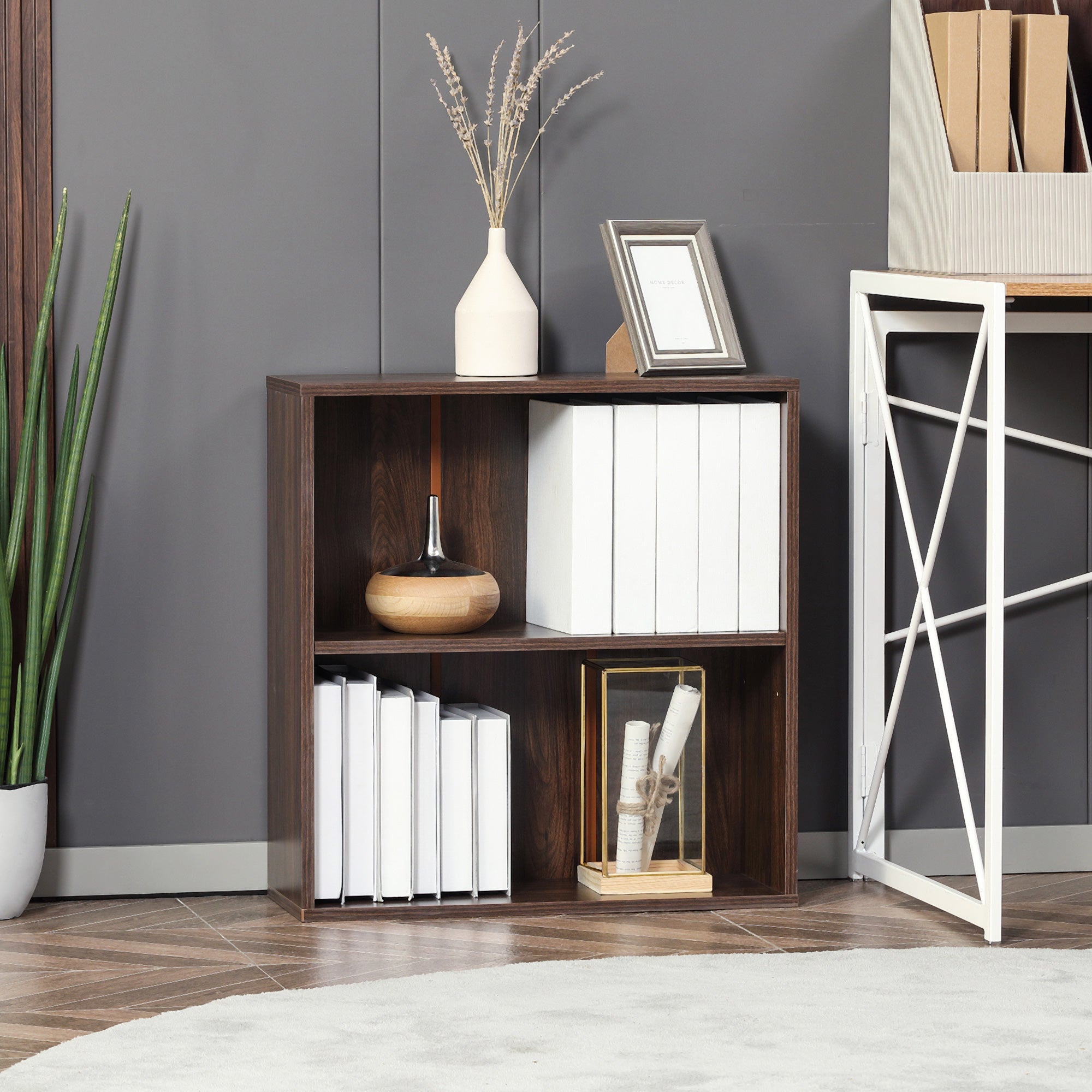 HOMCOM Wood Small Bookshelf 2 Tier Storage Rack Chest Unit Home Office Furniture Walnut