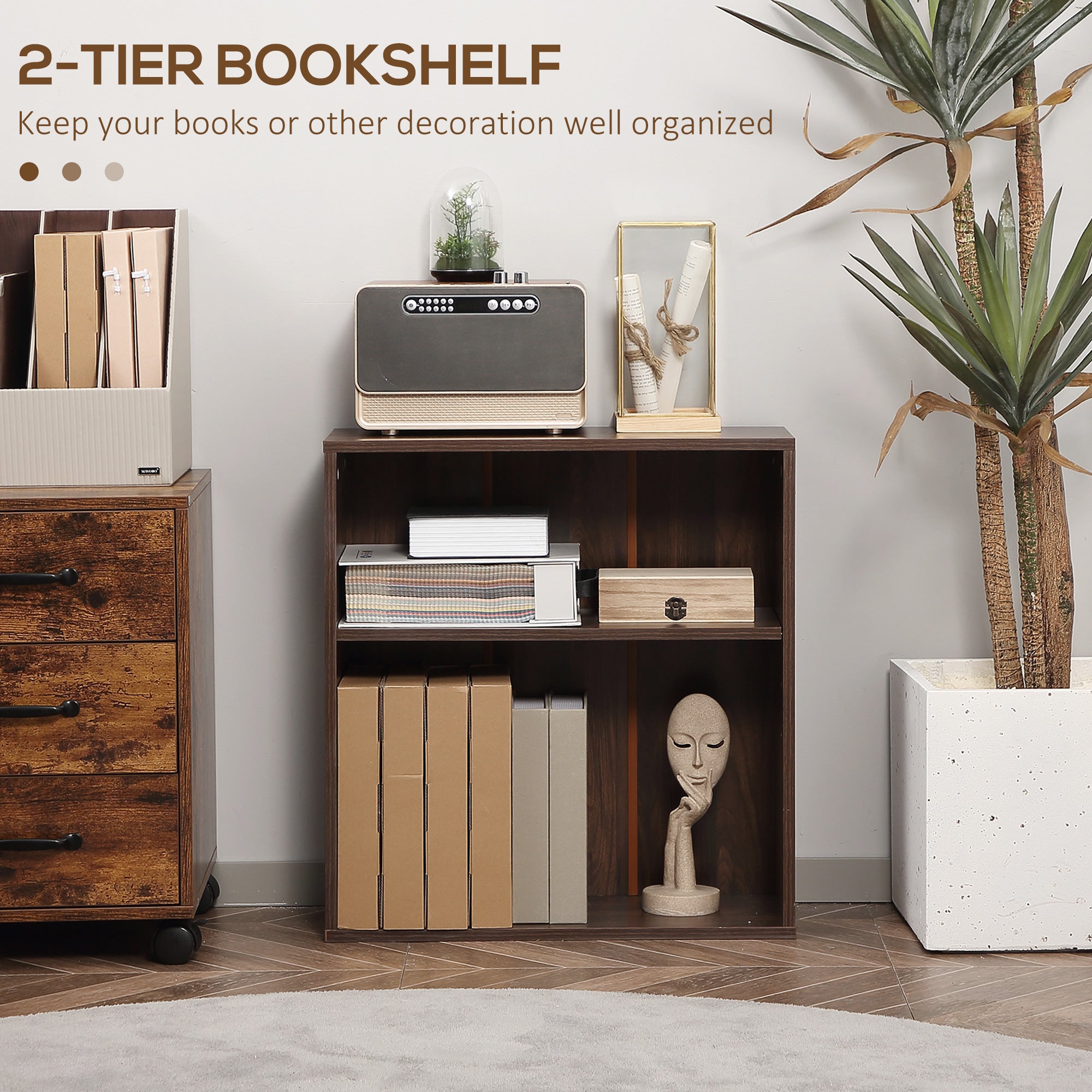HOMCOM Wood Small Bookshelf 2 Tier Storage Rack Chest Unit Home Office Furniture Walnut