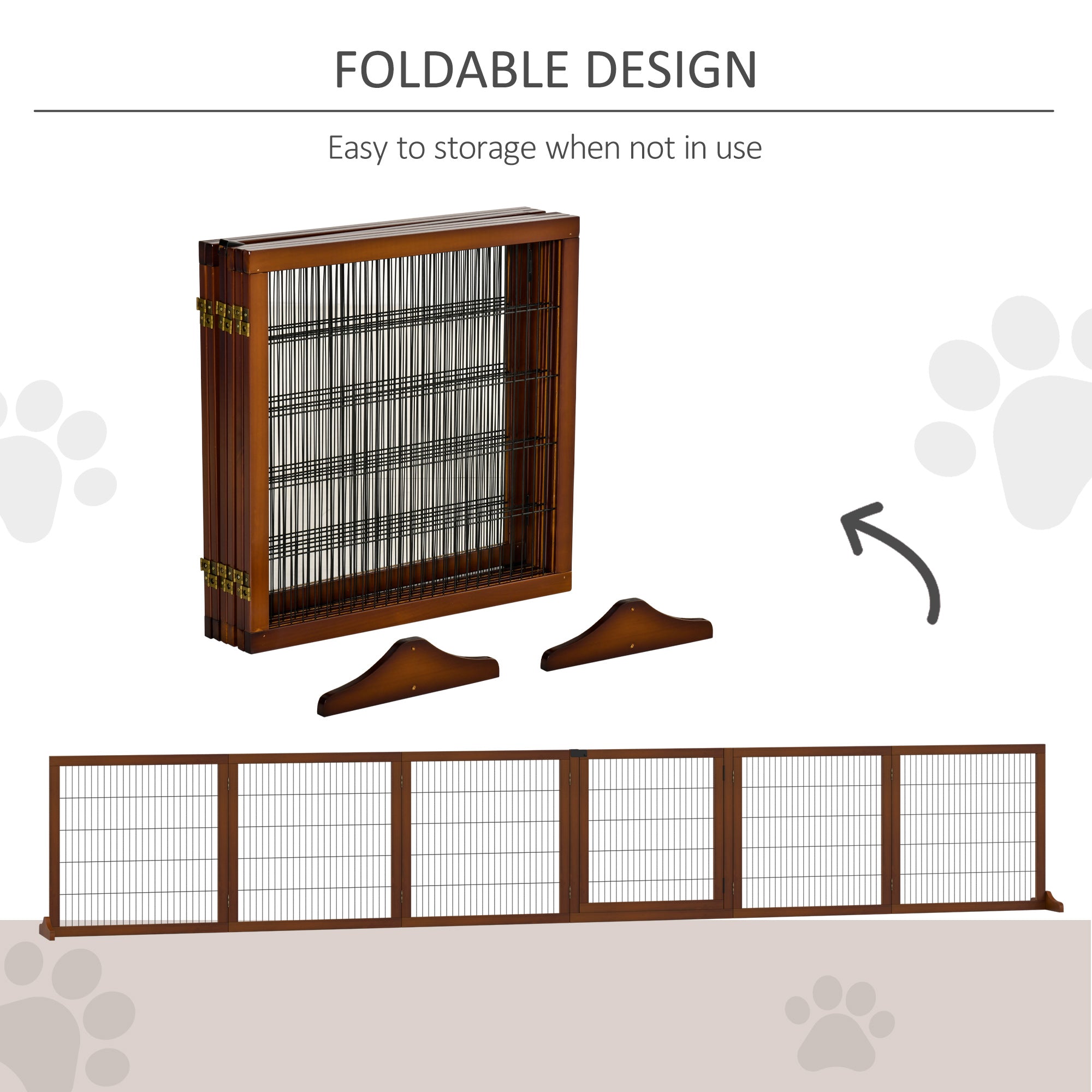 PawHut Wooden Pet Gate, Dog Safety Barrier, Freestanding Foldable Fence, w/ 6 Panels, 2 Support Feet, for House Doorway Stairs, Small & Medium Dogs, Coffee